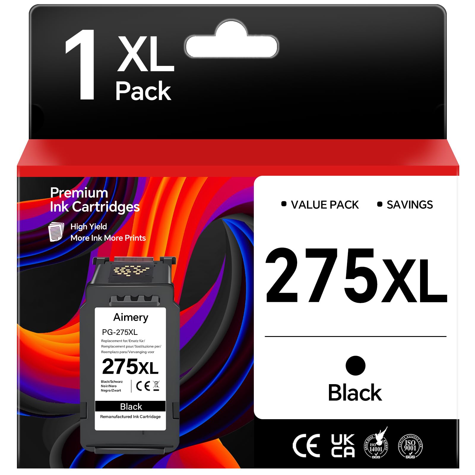 Aimery PG 275 Black Remanufactured for Canon 275 275XL Ink Cartridges PG-275 PG-275XL PG275 Encre Imprimante with Canon Pixma TS3720 TR4720 TR4725 TR4723 TR4722 TS3500 TS3520 TS3522 Printer 1-Black