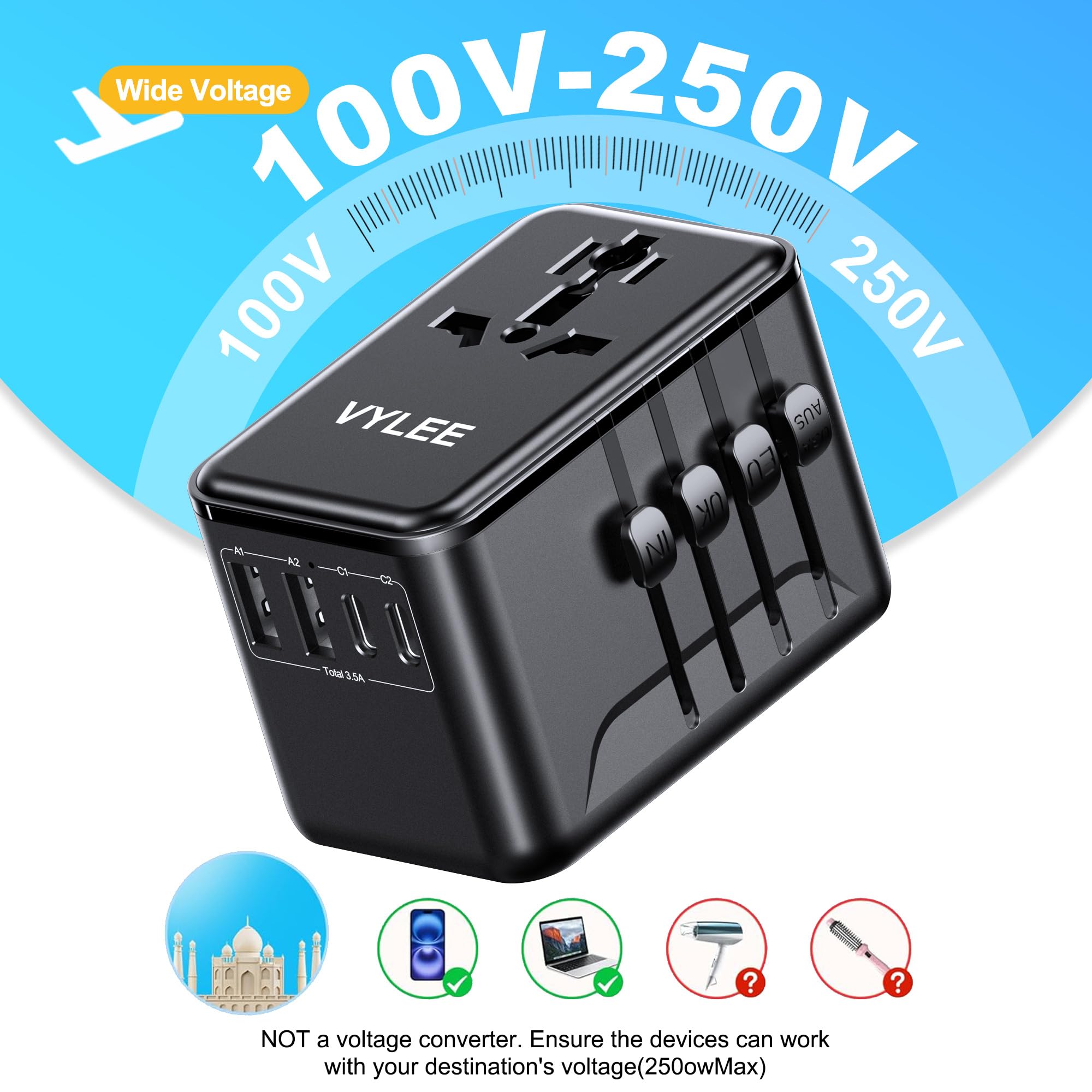 VYLEE Travel Adapter Worldwide, Universal Travel Plug Adapter with 2 USB C and 2 USB A, International Socket Adapter for USA, England, Japan, Maldives, Sri Lanka, Australia (Type A/C/D/G/I)