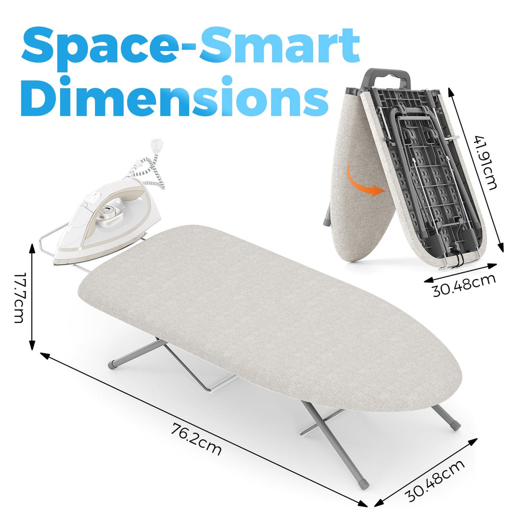 KINGBOARD Tabletop Ironing Board, Small Iron Board with Iron Rest, Folding Iron Board, Extra Thick Cover, Portable Tabletop Ironing Board with Non-Slip Feet, 30x12 Beige