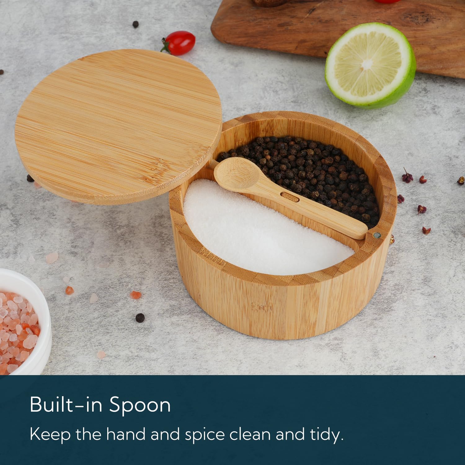 KITCHENDAO Salt and Pepper Box - Dual 7oz Containers, Built-in Serving Spoon to Avoid Dust, Swivel Lid to Keep Dry, Sea Salt Spice Seasoning Keeper Holder,4.96"L x 2.56"H"