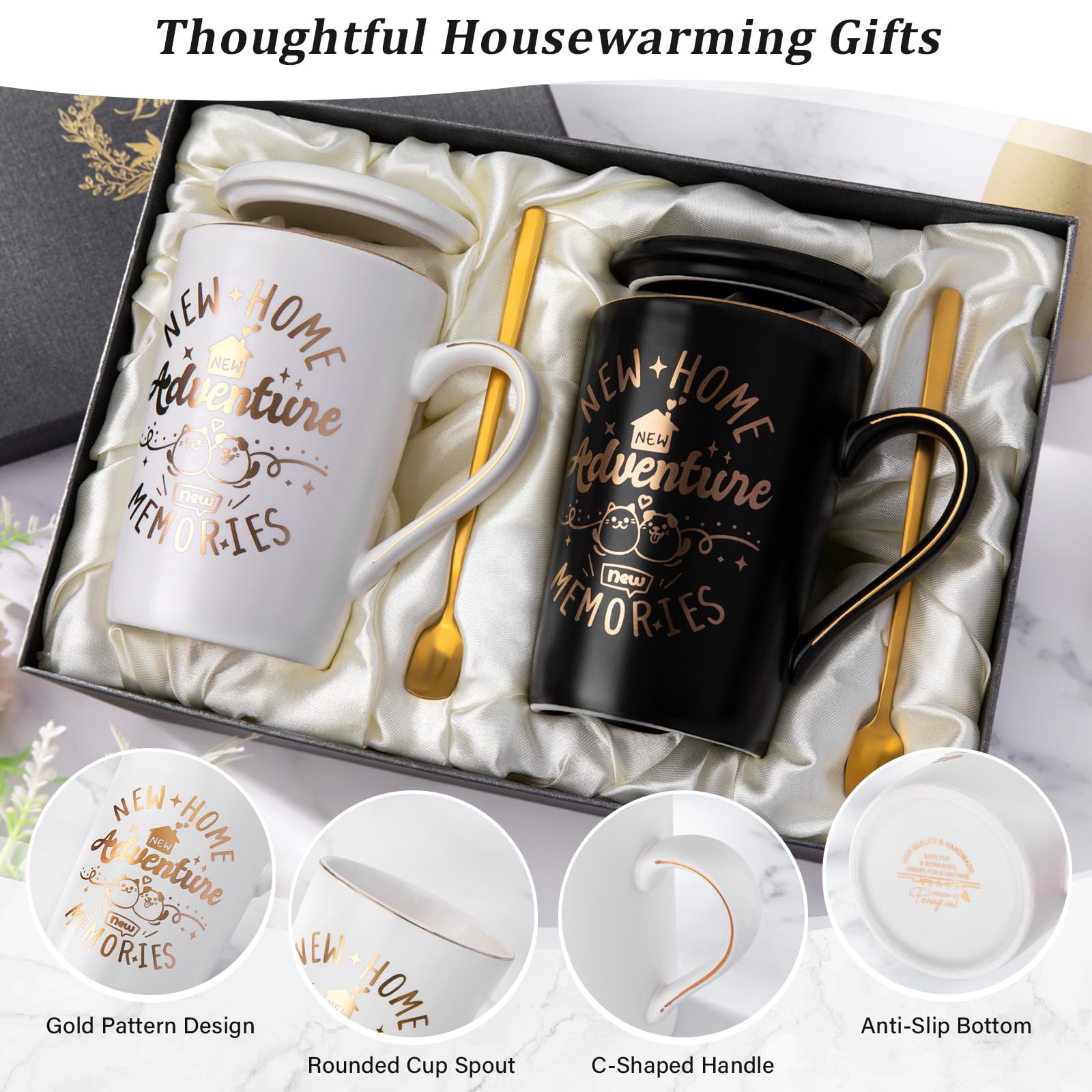 House Warming Gifts for New Home, New Home Gift Ideas for Couples, 14OZ Ceramic Couple Mug Set with Gold Spoon Greeting Card Luxury Box for Neighbor Friend