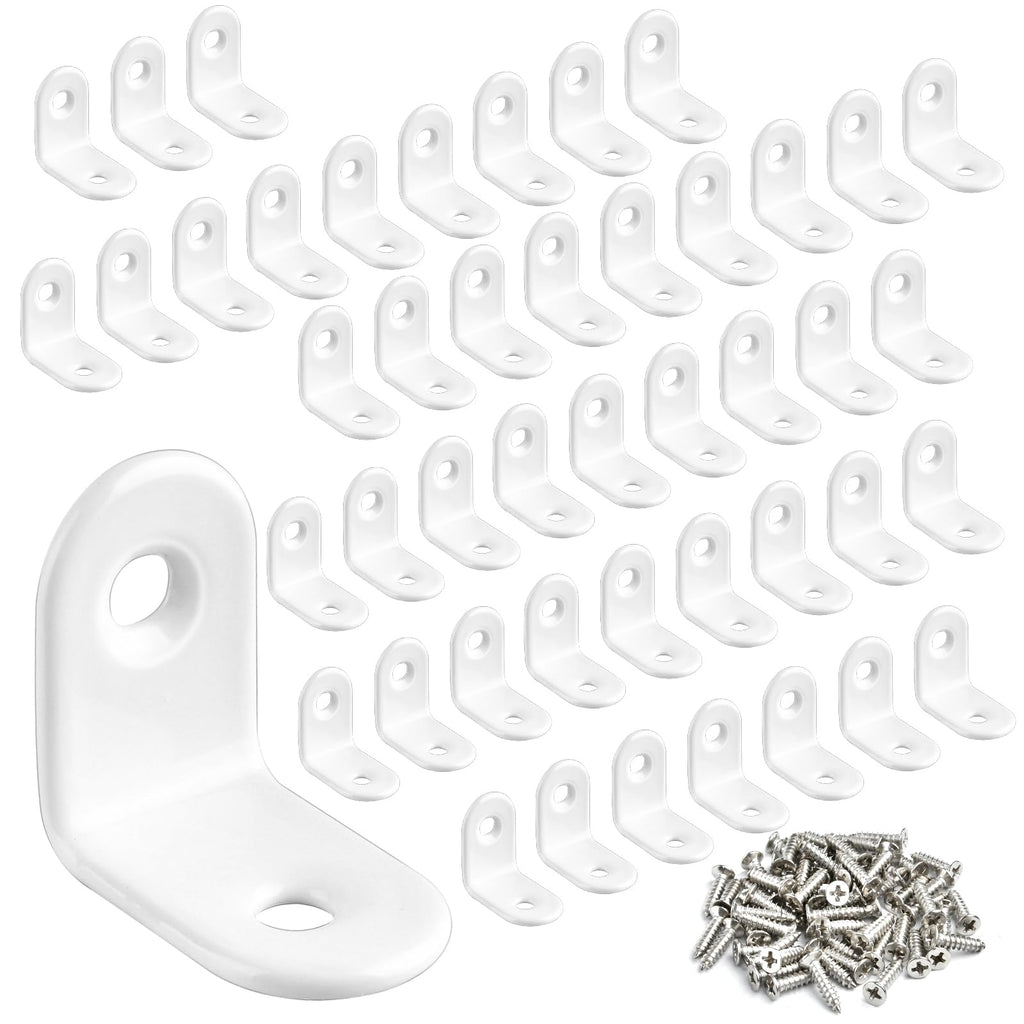 Worldity 50 Pcs L Bracket Corner Brace, 25 mm x 25 mm Stainless Steel L Brackets for Shelves, 90 Degree Right Angle L Brackets for Wood, White Corner Braces with Screws for Furniture Cabinet Shelves