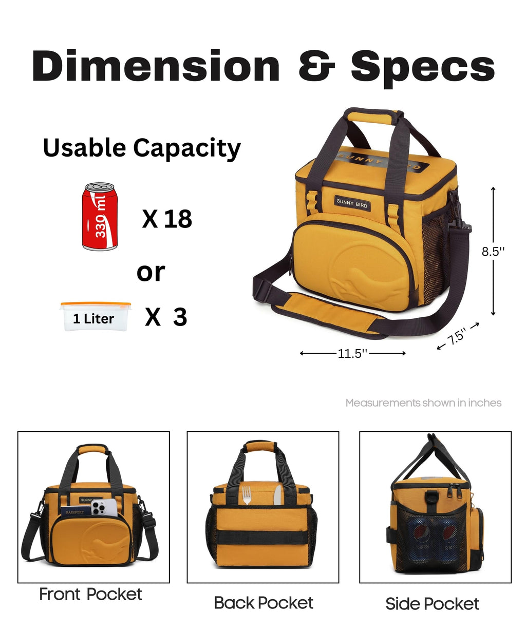 SUNNY BIRD 12L Large Insulated Lunch Bag, Leakproof and Foldable Lunch Cooler Box for Women Adult and Men, Fits 18 Cans (Ochre 01)