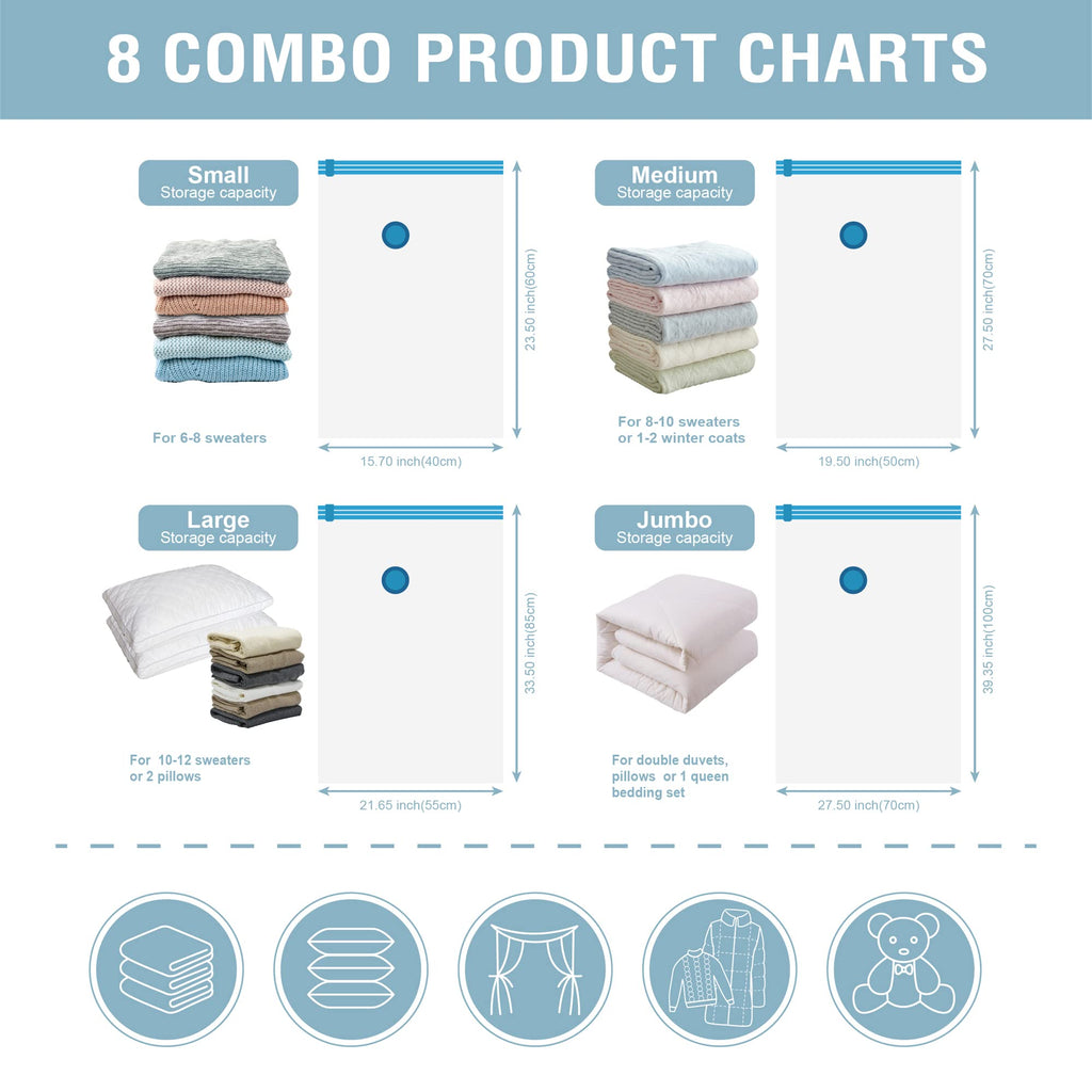 Cozy Essential Vacuum Storage Bags, 80% Compression Vacuum Seal Space Saver Plastic Packaging Bags for Clothes, Blankets, Pillow, Bedding, Comforters, Sealer Clothing Storage,8 Combo