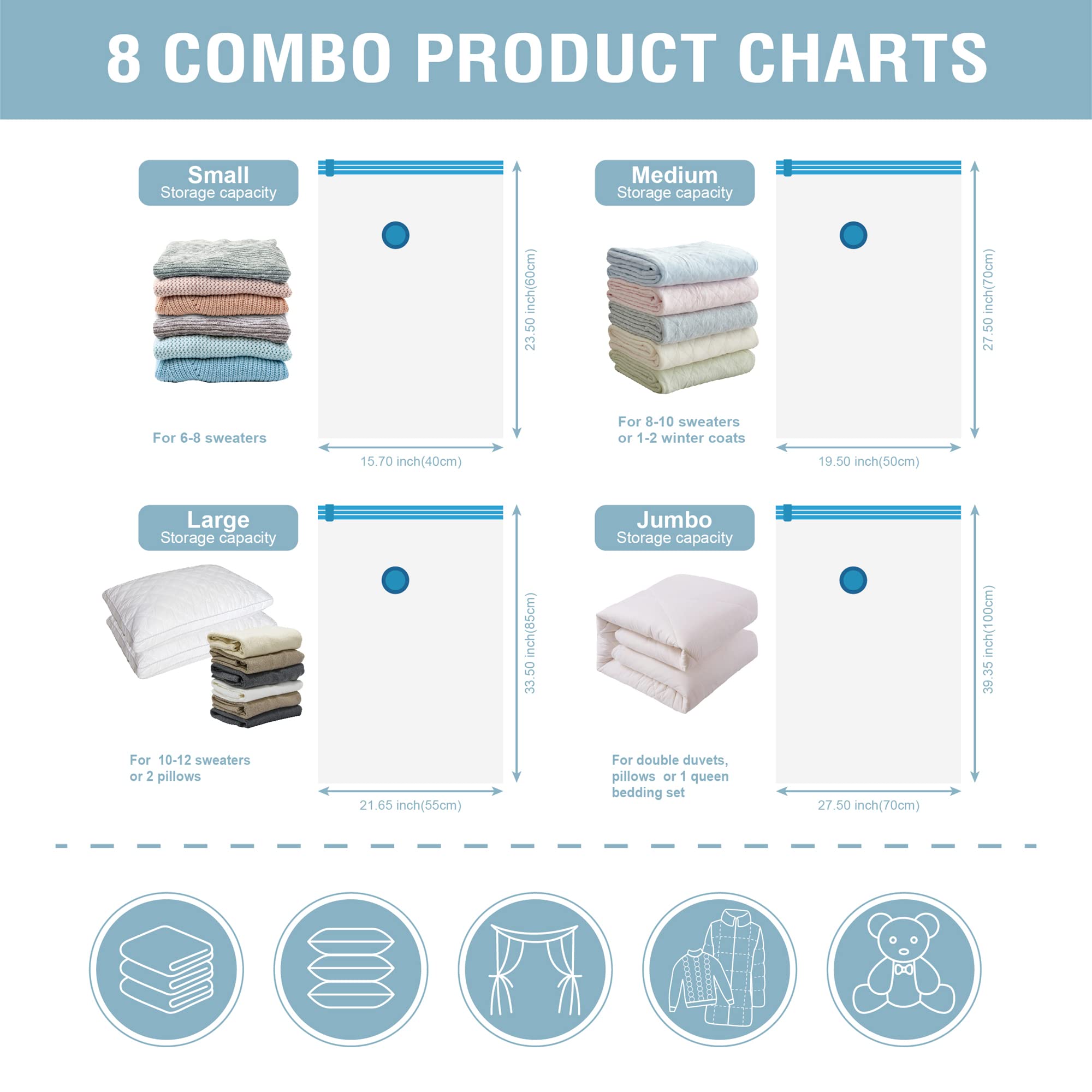 Cozy Essential Vacuum Storage Bags, 80% Compression Vacuum Seal Space Saver Plastic Packaging Bags for Clothes, Blankets, Pillow, Bedding, Comforters, Sealer Clothing Storage,8 Combo
