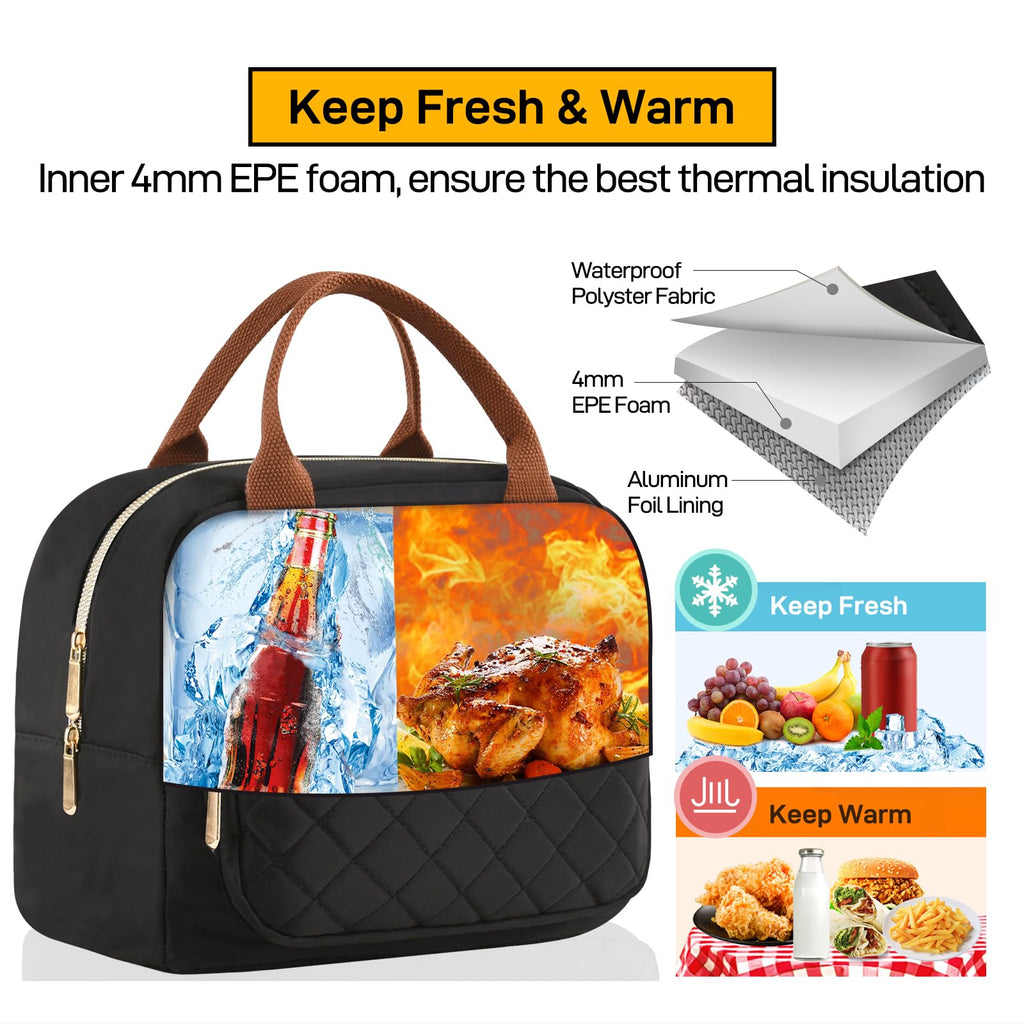 HOMESPON Lunch Bag for Woman Man Adults with Front Pocket Insulated Lunch Tote Lunch Box Container for Work Picnic or Travel(Golden Black)