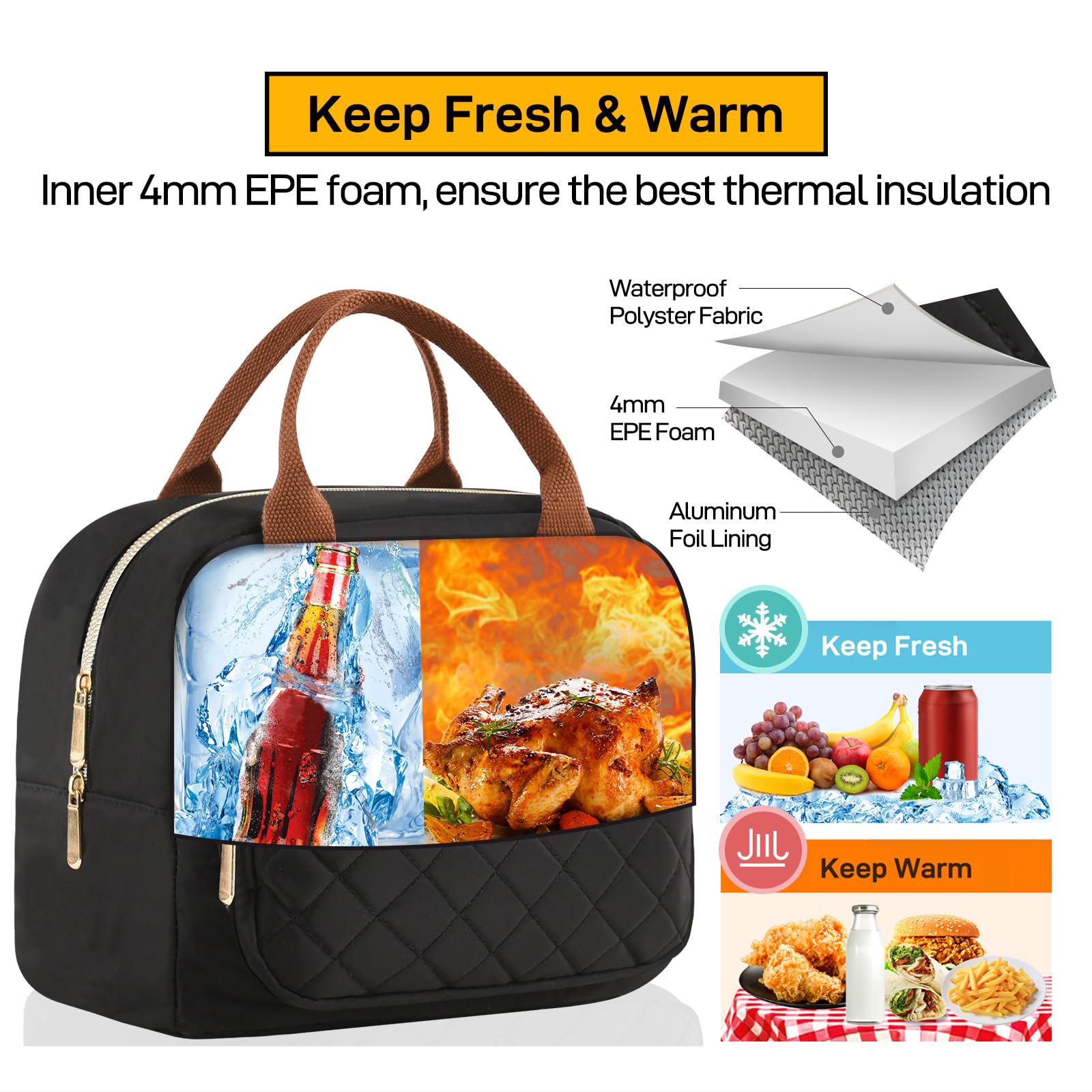 HOMESPON Lunch Bag for Woman Man Adults with Front Pocket Insulated Lunch Tote Lunch Box Container for Work Picnic or Travel(Golden Black)