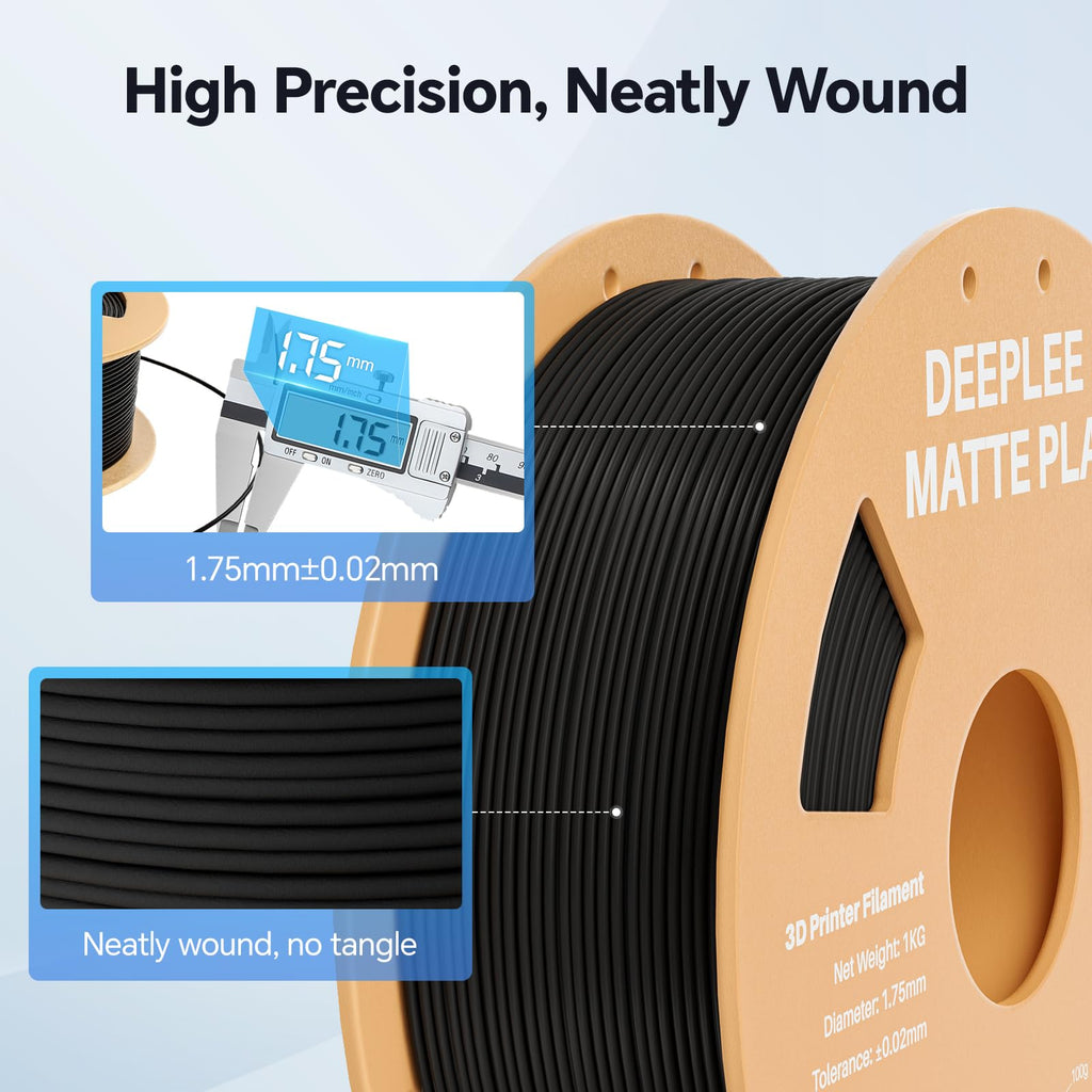 DEEPLEE Matte PLA Filament 1.75mm, 3D Printer Filament Dimensional Accuracy +/- 0.02mm, No Clogging, Higher Toughness, Cardboard Spool 3D Filament, 1kg Black