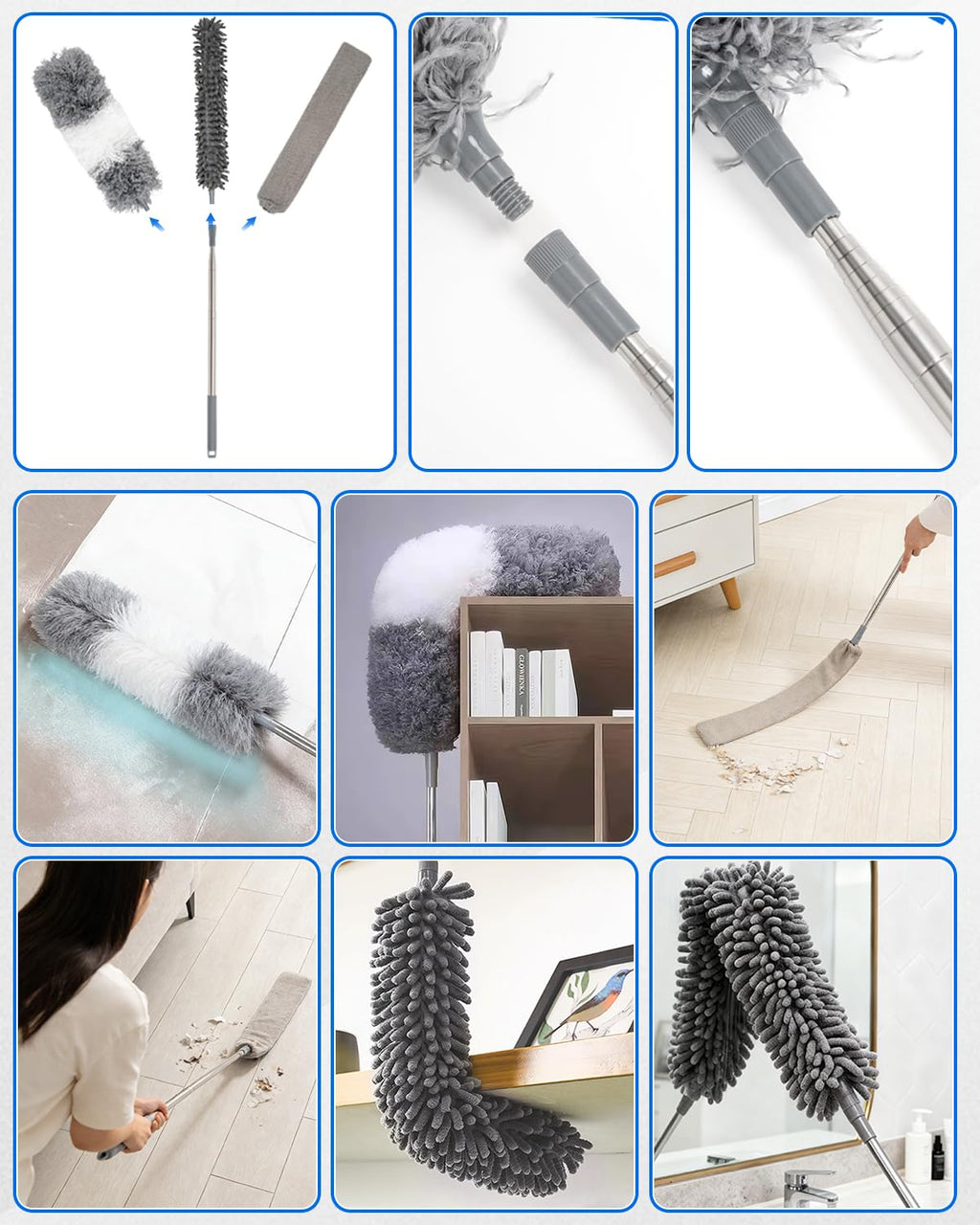 5 PCS Dusters for Cleaning, Extendable Duster Set with 100'' Telescopic Pole, Microfiber Feather Duster, Chenille Duster, Flat Dusting Pads for High Ceilings Fans Blinds, Furniture Cleaning Supplies