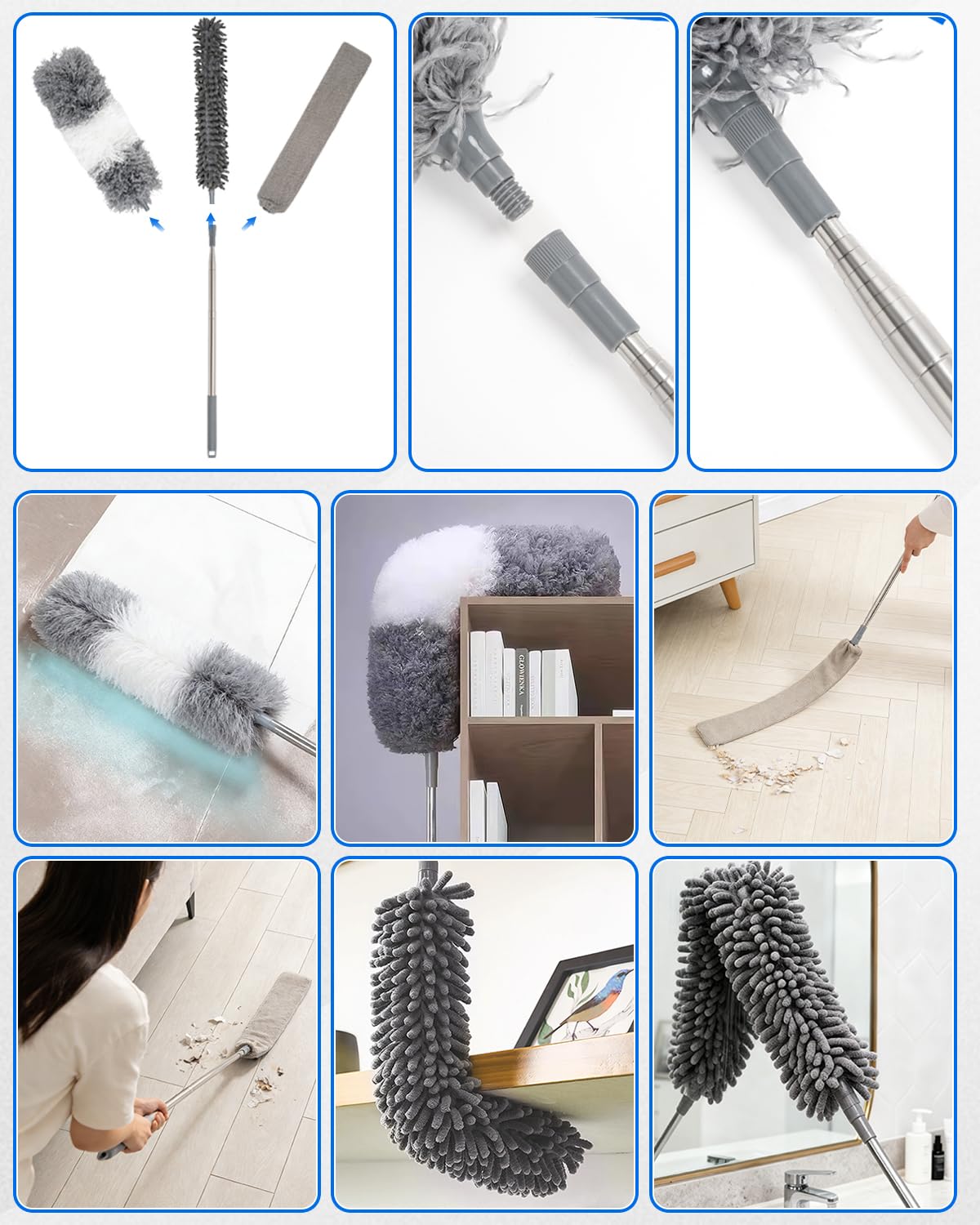 5 PCS Dusters for Cleaning, Extendable Duster Set with 100'' Telescopic Pole, Microfiber Feather Duster, Chenille Duster, Flat Dusting Pads for High Ceilings Fans Blinds, Furniture Cleaning Supplies