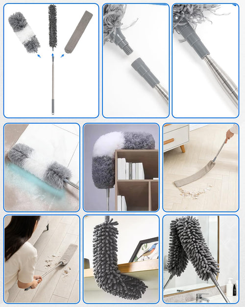 5 PCS Dusters for Cleaning, Extendable Duster Set with 100'' Telescopic Pole, Microfiber Feather Duster, Chenille Duster, Flat Dusting Pads for High Ceilings Fans Blinds, Furniture Cleaning Supplies