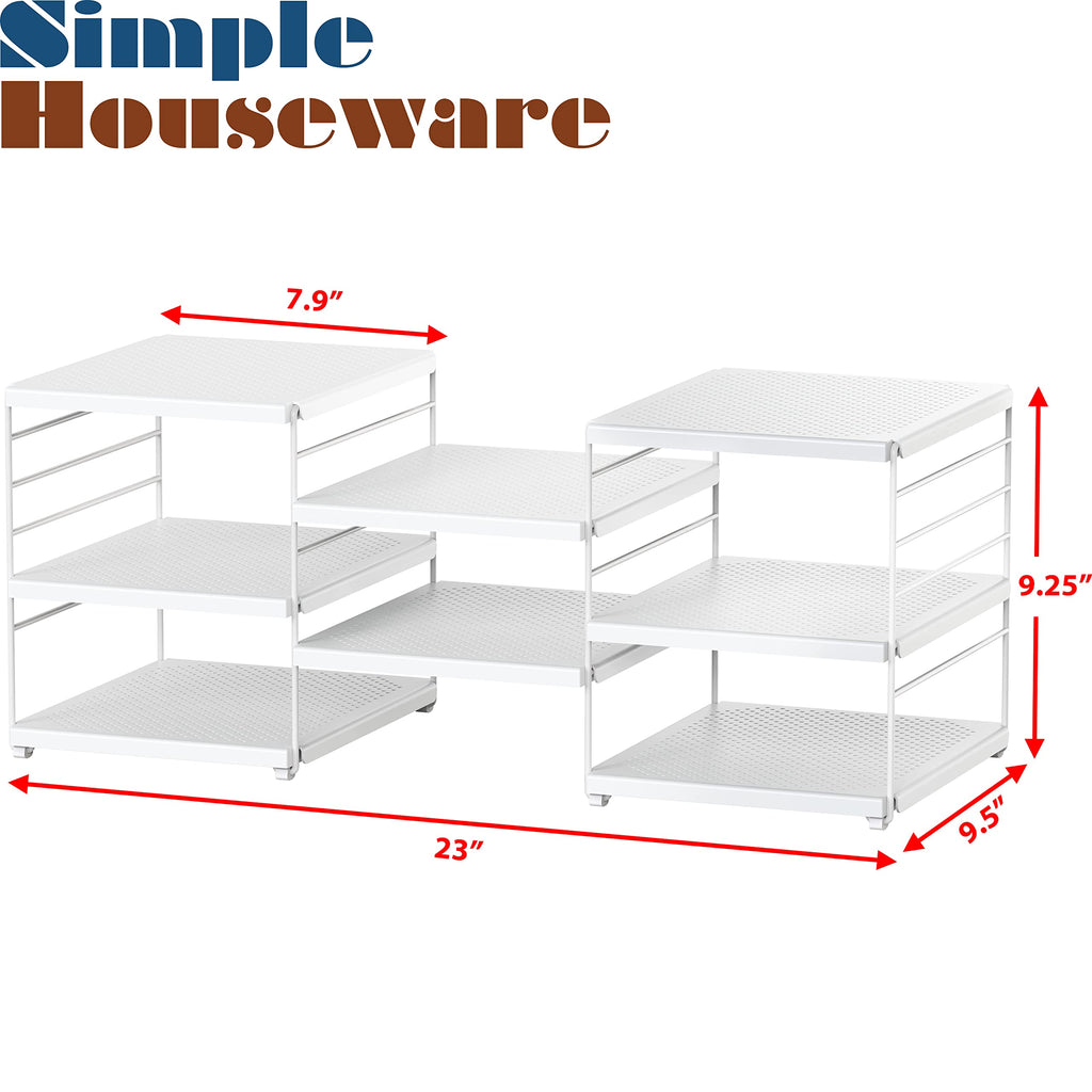 Simple Houseware Expandable Counter Shelf Organizer, Adjustable Storage Rack for Kitchen Cabinets, Pantry, or Desktop Accessories, 9.5" D x 23" W x 9.25" H, White