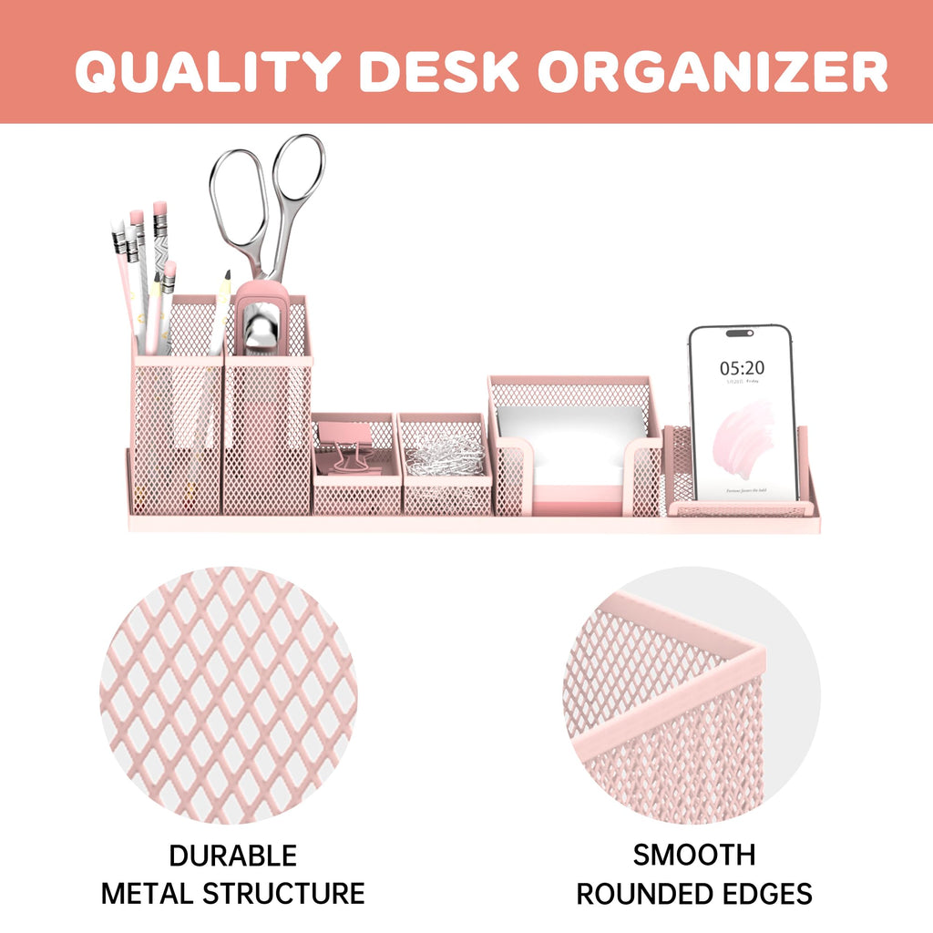SUPEASY Desk Organizers and Accessories for Office Supplies Organization with 6 Compartments, Desk Organizer with Phone Holder, Pen Holder, Sticky Note Tray, Pink
