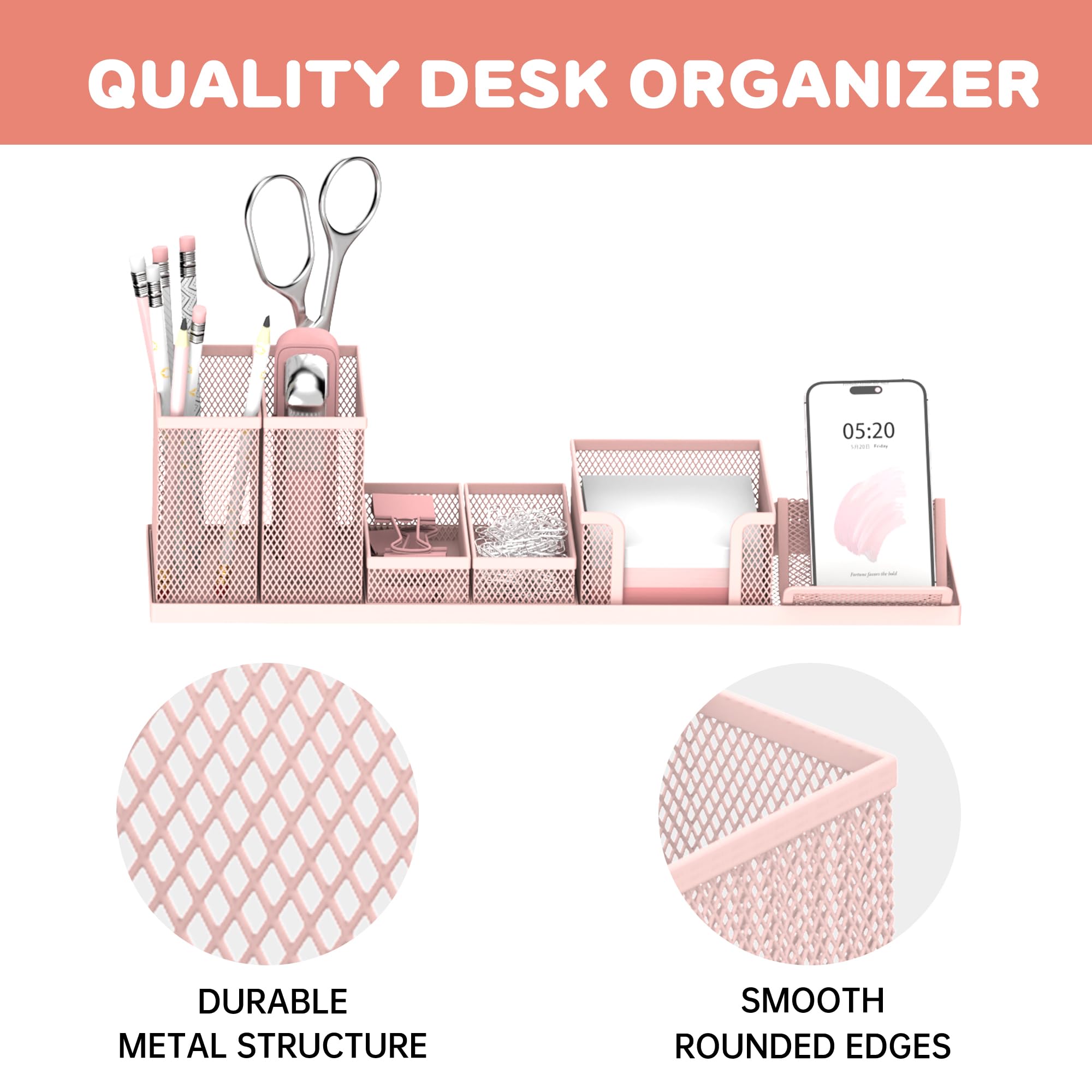 SUPEASY Desk Organizers and Accessories for Office Supplies Organization with 6 Compartments, Desk Organizer with Phone Holder, Pen Holder, Sticky Note Tray, Pink