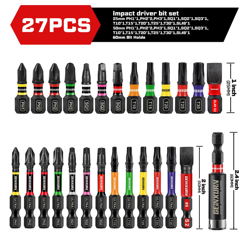 Geinxurn 26Pcs 2” 3” Impact Phillipes/Torx/Square/Slotted Screwdriver Bits Set,Magnetic S2 Steel Driver Bits Set and 1pc Impact Bit Holder with Color Coded Base