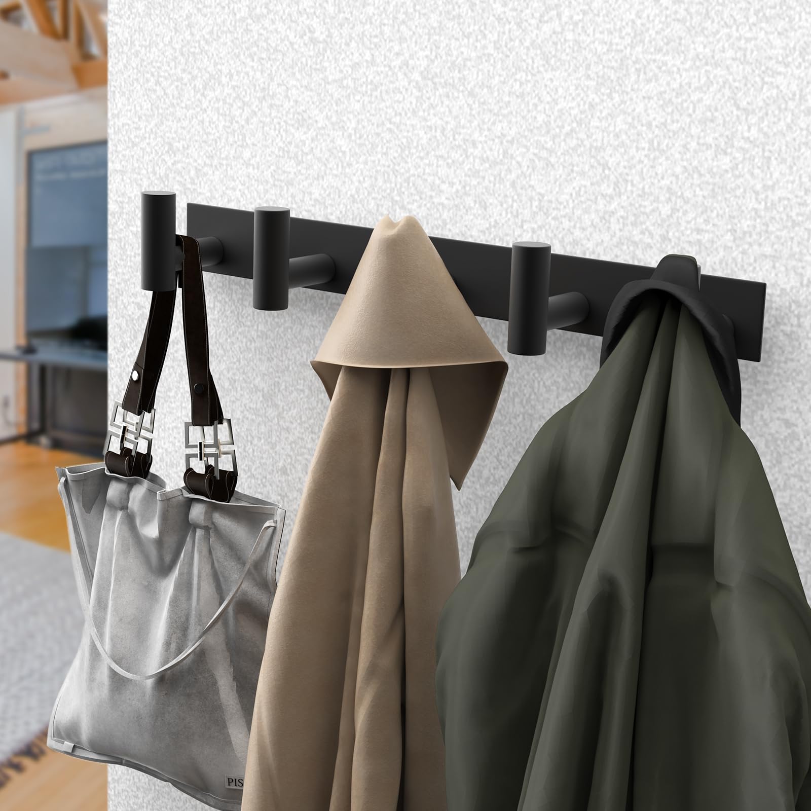 PMMASTO Coat Rack Wall Mount, T Shaped Wall Hooks with 5 Coat Hooks for Hanging Hat Towel Robes(Black, 1 Pack)