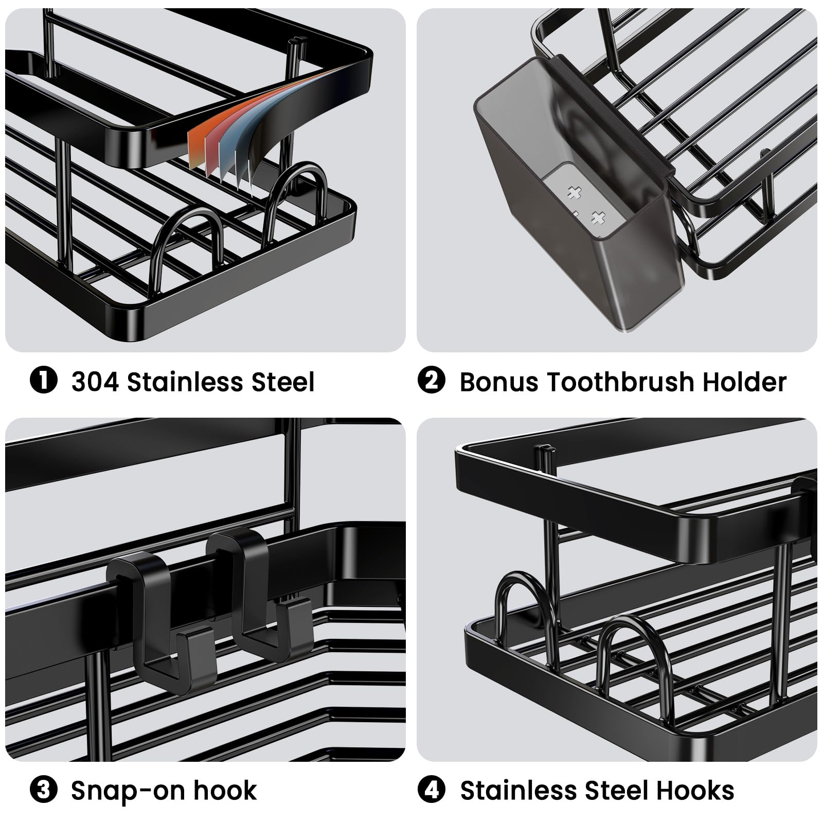 PKBD Corner Shower Caddy 3 Pack, Shower Shelves No Drilling, Rustproof Stainless Steel Bathroom Organizers with Soap Holder, Hooks & Toothpaste Holders, Black