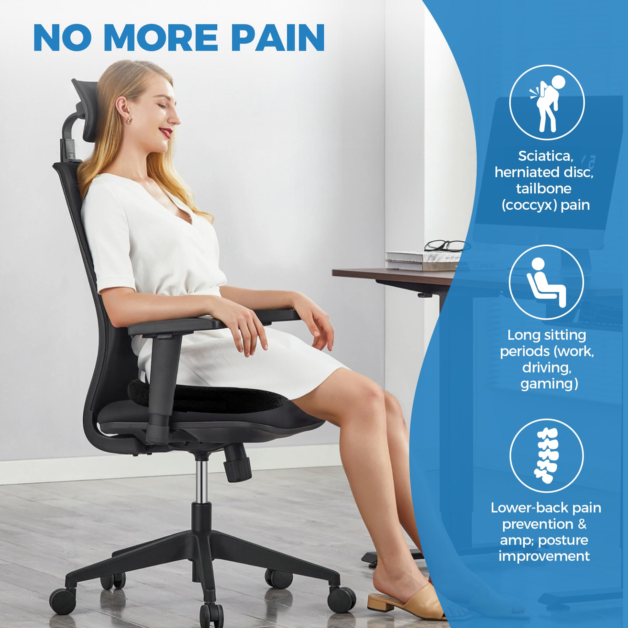 Extra Large Memory Foam Seat Cushions for Office Chairs, Car, Airplane, Wheelchair– Relieves Lumbar, Orthopedic, Sciatic, Coccyx and Back Pain – Comfortable Non-Slip – Bonus Carry Bag Included (Black)