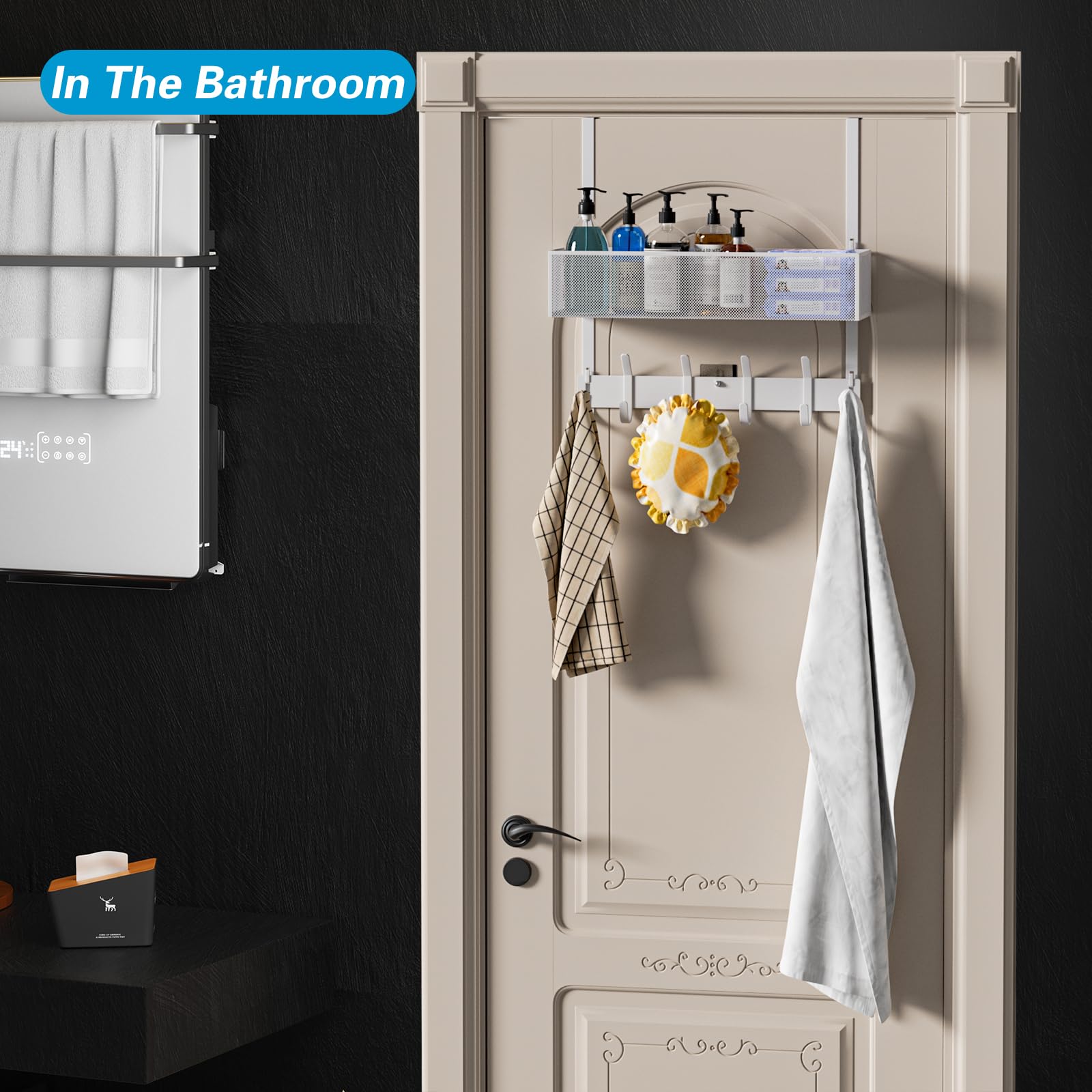 Aimeaihe Over The Door Hooks, Door Hanger Towel Rack with 10 Coat Hooks & A Mesh Basket, Over Door Organizer for Bathroom, Bedroom, Kitchen, Office, Door Storage Hanging Bags, Hats, Purses White