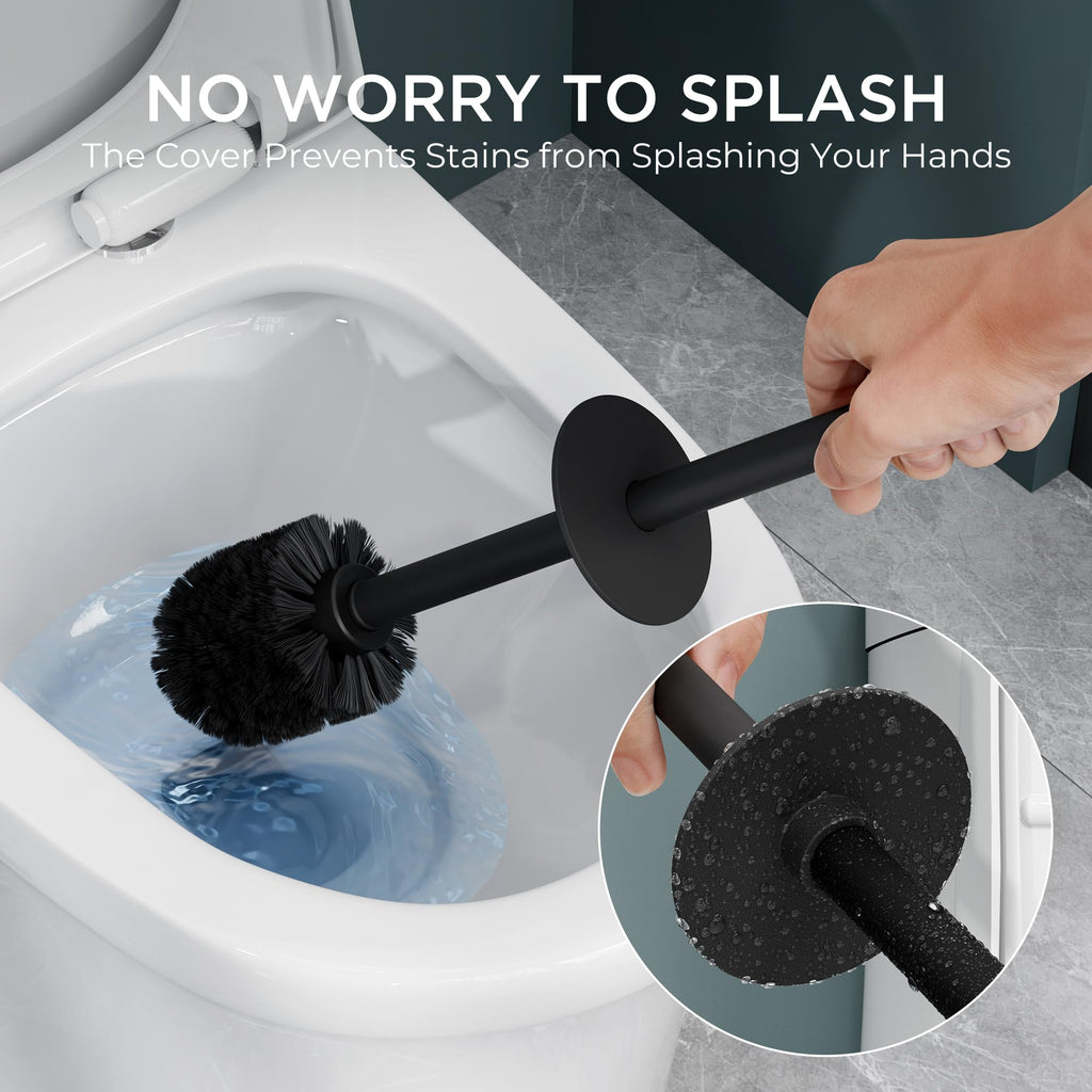 FORIOUS Toilet Brush and Holder Set, Heavy Duty 304 Stainless Steel Base, Toilet Brushes with Long Handle for Bathroom, Deep Cleaning, Drip-Proof, Space Saving, 2 Toilet Bowl Brush Head, Matte Black