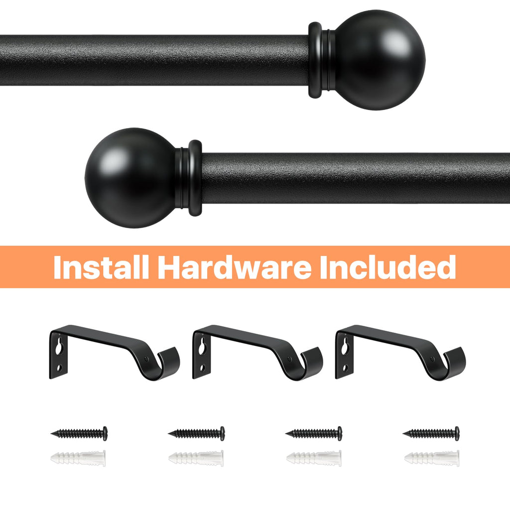 2 Pack Curtain Rod 48 to 84 inch, Adjustable 5/8 Diameter Decorative Drapery Rod Set of 2, Heavy Duty Metal Standard Curtain Rod for Bedroom, Living Room, Black