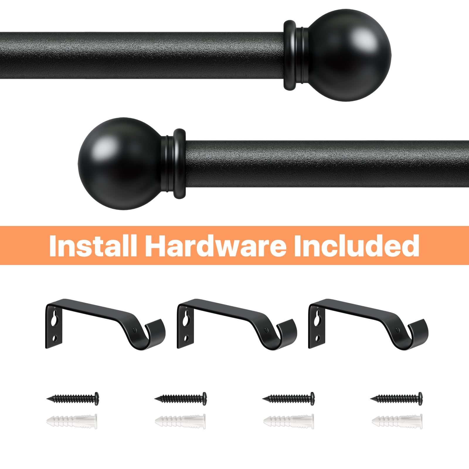 2 Pack Curtain Rod 48 to 84 inch, Adjustable 5/8 Diameter Decorative Drapery Rod Set of 2, Heavy Duty Metal Standard Curtain Rod for Bedroom, Living Room, Black