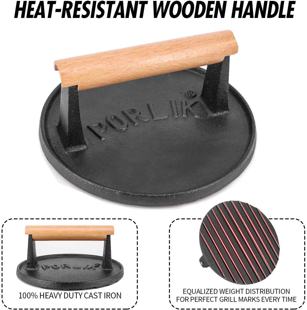 Cast Iron Grill Press,Griddle Press with Cool-Touch Wood Handle,Burger Smasher for Griddle,BBQ Grilling Accessories (Round Press)