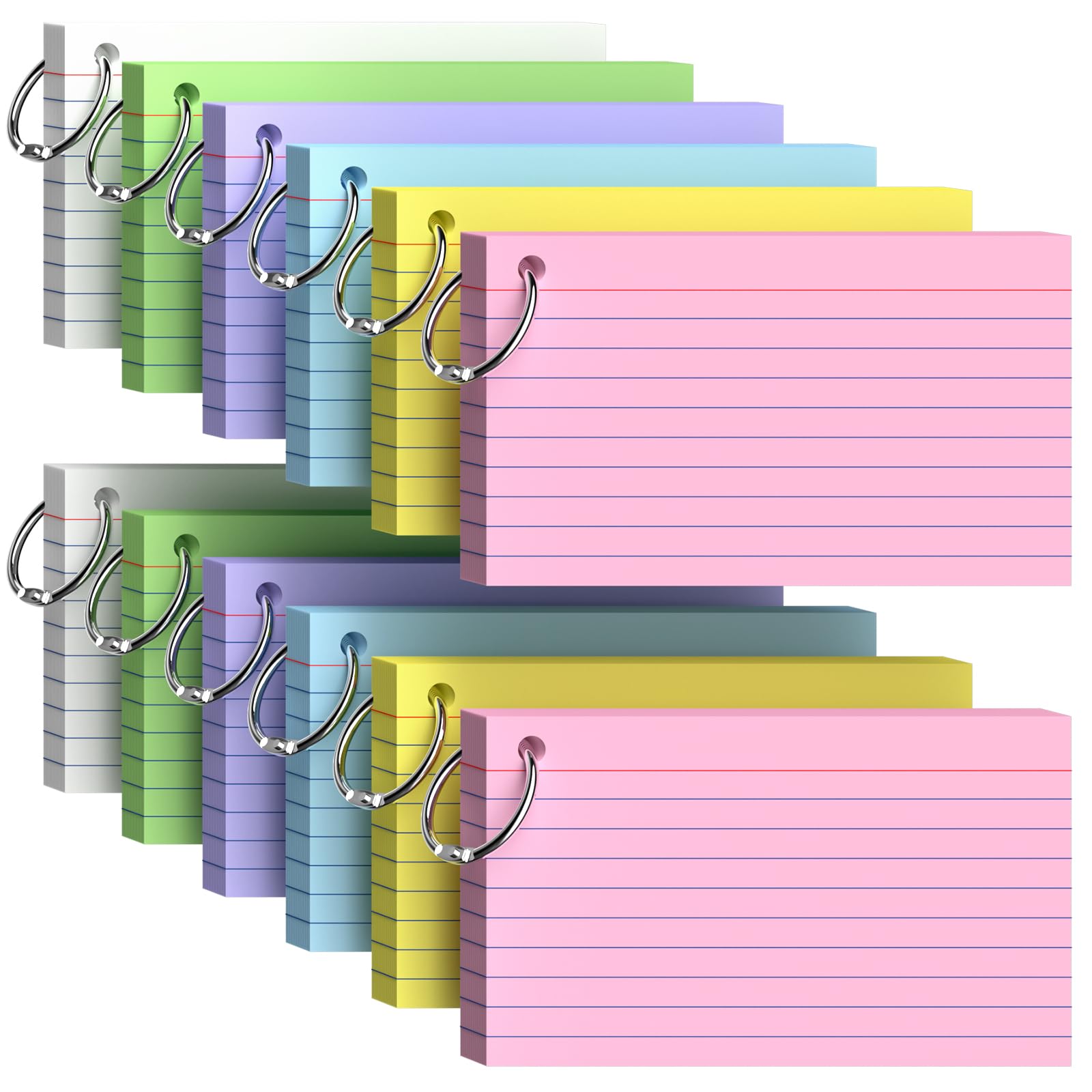 600 Count Cue Cards with Ring Index Cards 3x5 Colored Flash Cards for Studying 3 x 5 in Recipe Cards Ruled Note Cards 3x5 Lined on Front Blank on Back Colorful Flashcards Q Card, 12 Pack of 50 Sheets