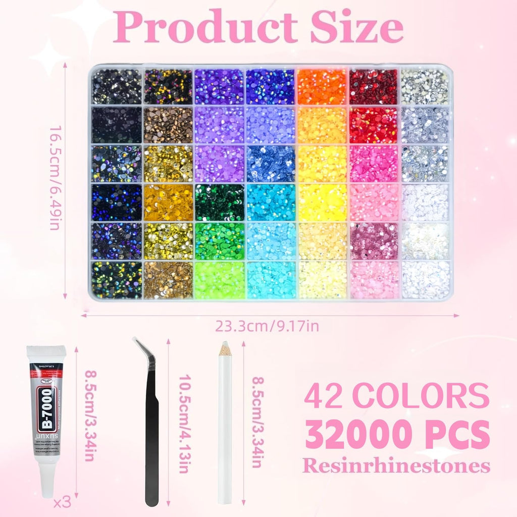 42 Colors 32000Pcs Jelly Rhinestones Bedazzling Kit, 3mm Multicolor Flatback Gems for Crafting, Bedazzle Kit with Tweezers Pen 3Pcs B7000 Glue for Clothes Book Shoes Nails Art Makeup