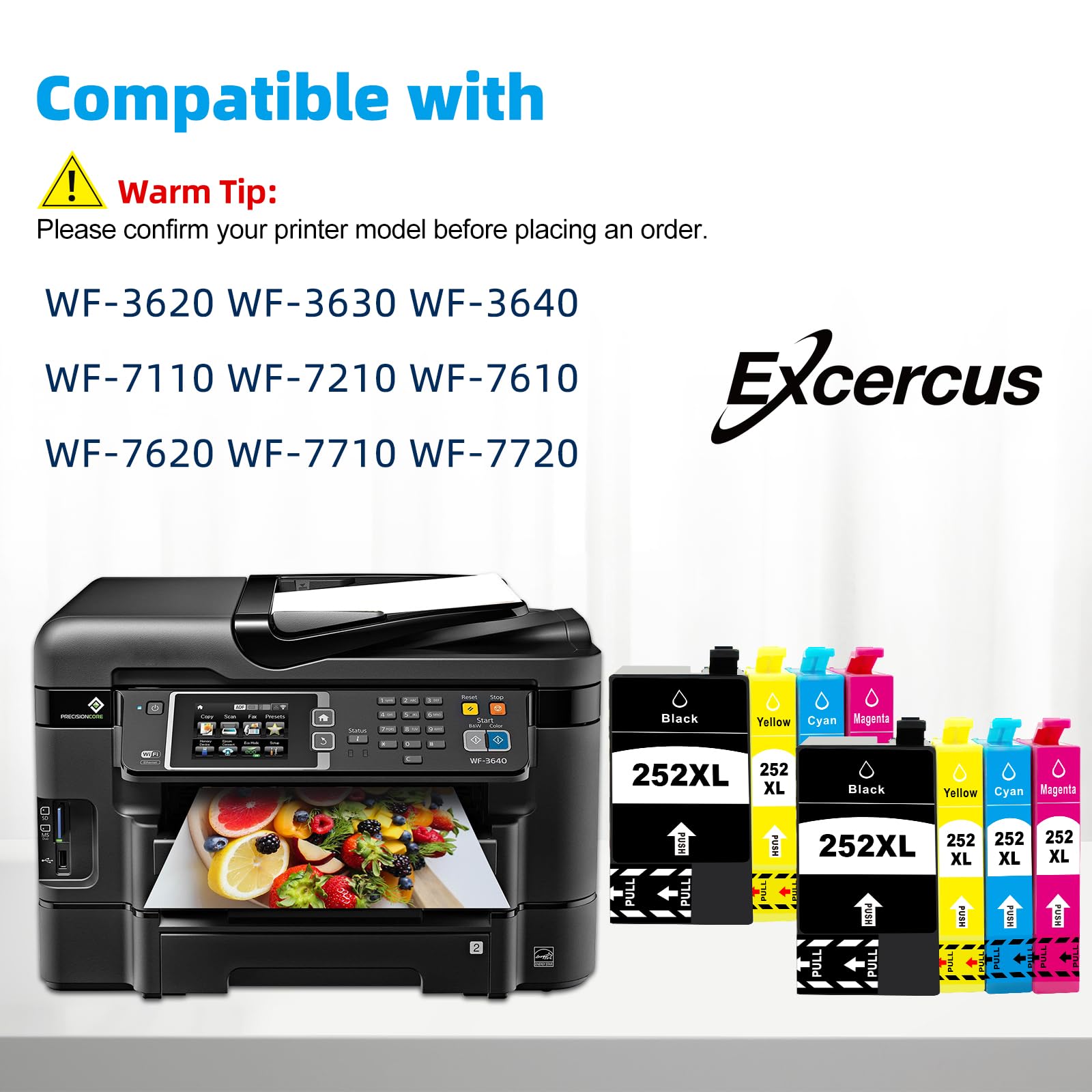 EXCERCUS 252XL Ink Cartridges Remanufactured for Epson 252XL T252 Ink Cartridge Work for WorkforceWF-7720 WF-3640 WF-7710 WF-3620 WF-7210 WF-7610 WF-7620 (2 Large Black, 2Cyan,2Magenta, 2Yellow)
