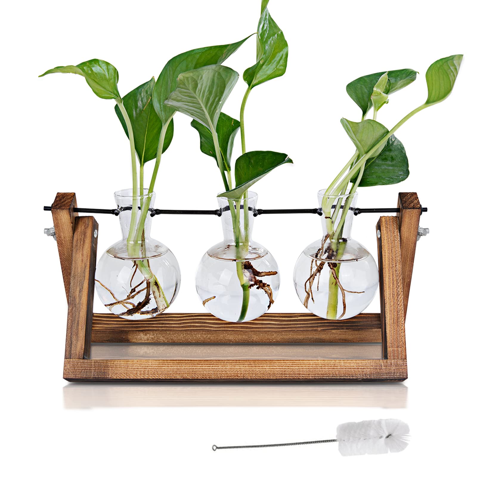 Hbnlai Plant Propagation Station, Plant Terrarium with Wooden Stand for Hydroponic Plants Home Garden Office Decor Indoor, Gardening Birthday Gifts for Women Mom - 3 Bulb Glass Vases