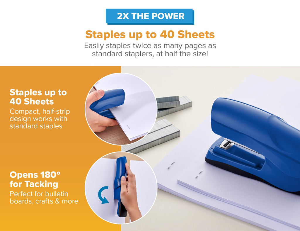 Bostitch Office Heavy Duty 40 Sheet Stapler with 1250 Staples & Claw Remover, Small Stapler Size, Fits into The Palm of Your Hand, Value Pack, Blue (B175-BLUE-VP)