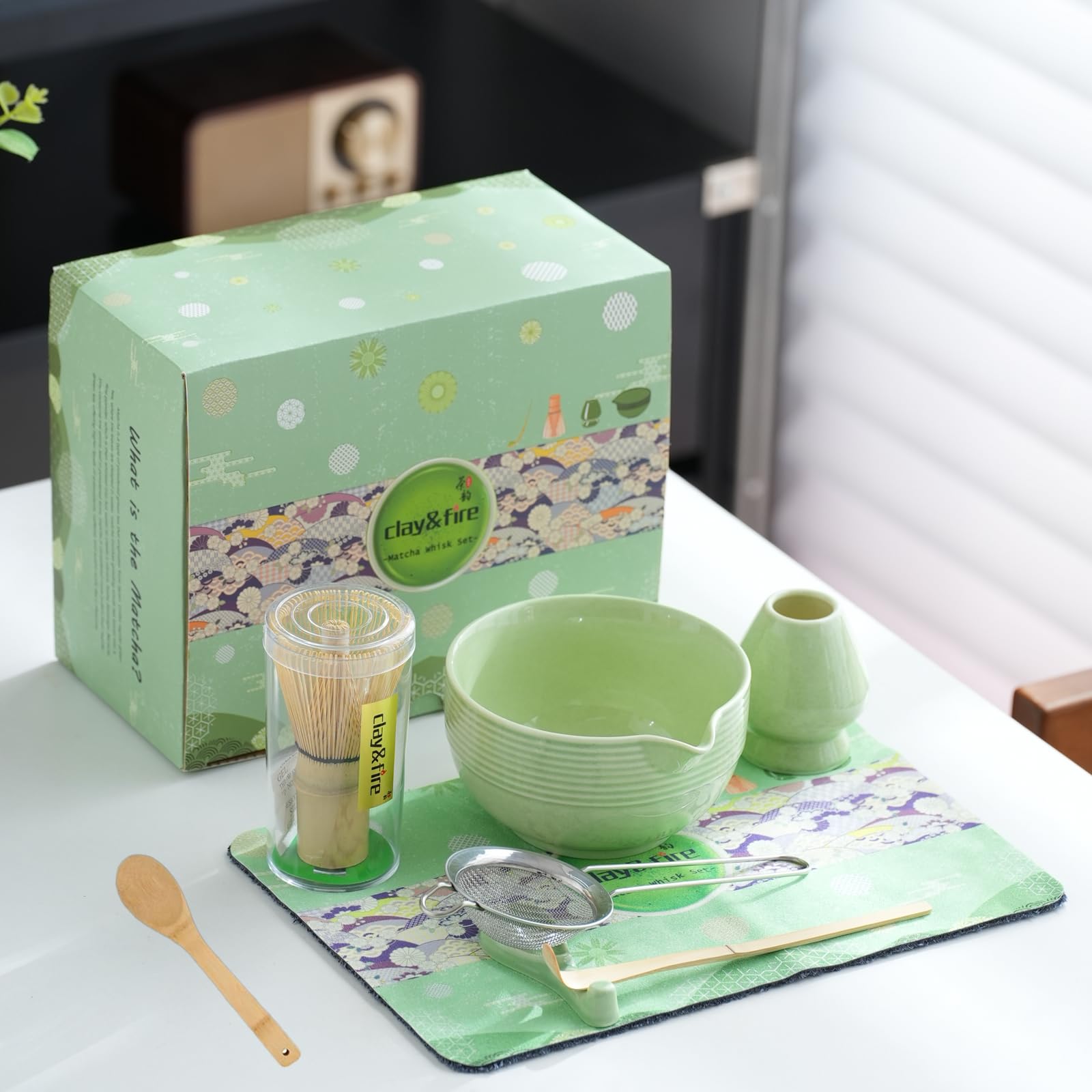 Clay&Fire Matcha Whisk Set, 9 Pcs Ceramic Matcha Set, Matcha Bowl with Spout and Whisk, Matcha Tea Kit for Matcha Lovers, Ideal Gift for Friend