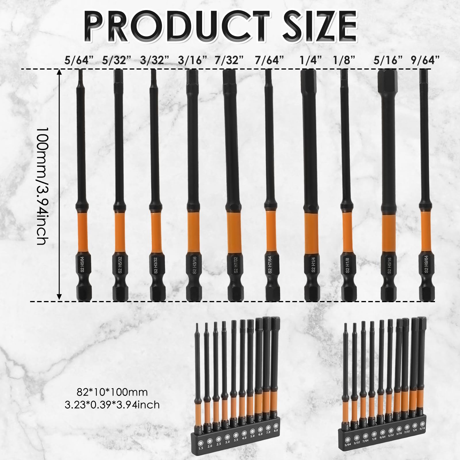 LYDODOKA Impact Hex Head Allen Wrench Drill Bit Set, Metric & SAE 1/4” Hex-Shank S2 Steel Hex Bits Set with Quick-Change Adapter & Storage Box,4" CNC Magnetic Tips Drill Screwdriver (20Pcs-Metric-SAE)