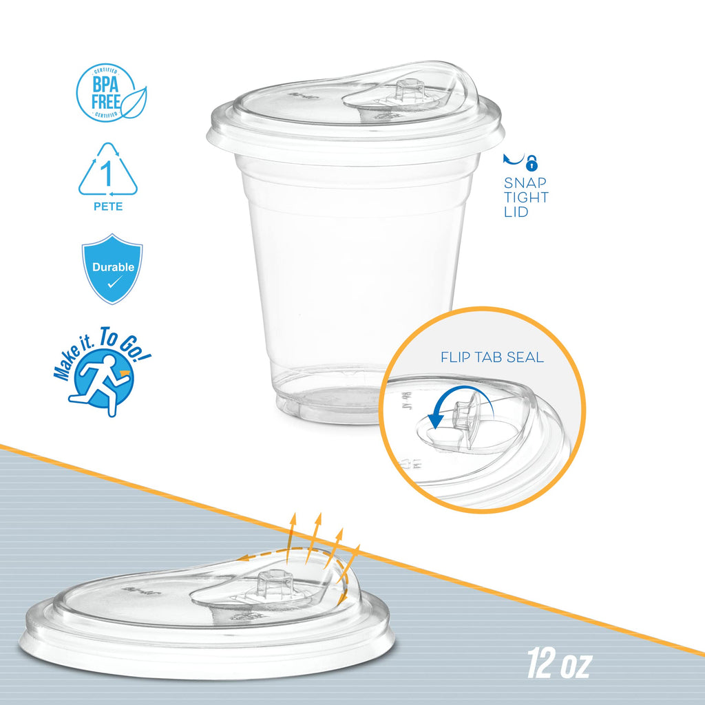 12 oz. Clear Cups with Strawless Sip-Lids, PET Crystal Clear Disposable 12 oz Plastic Cups with Lids [50 Sets]
