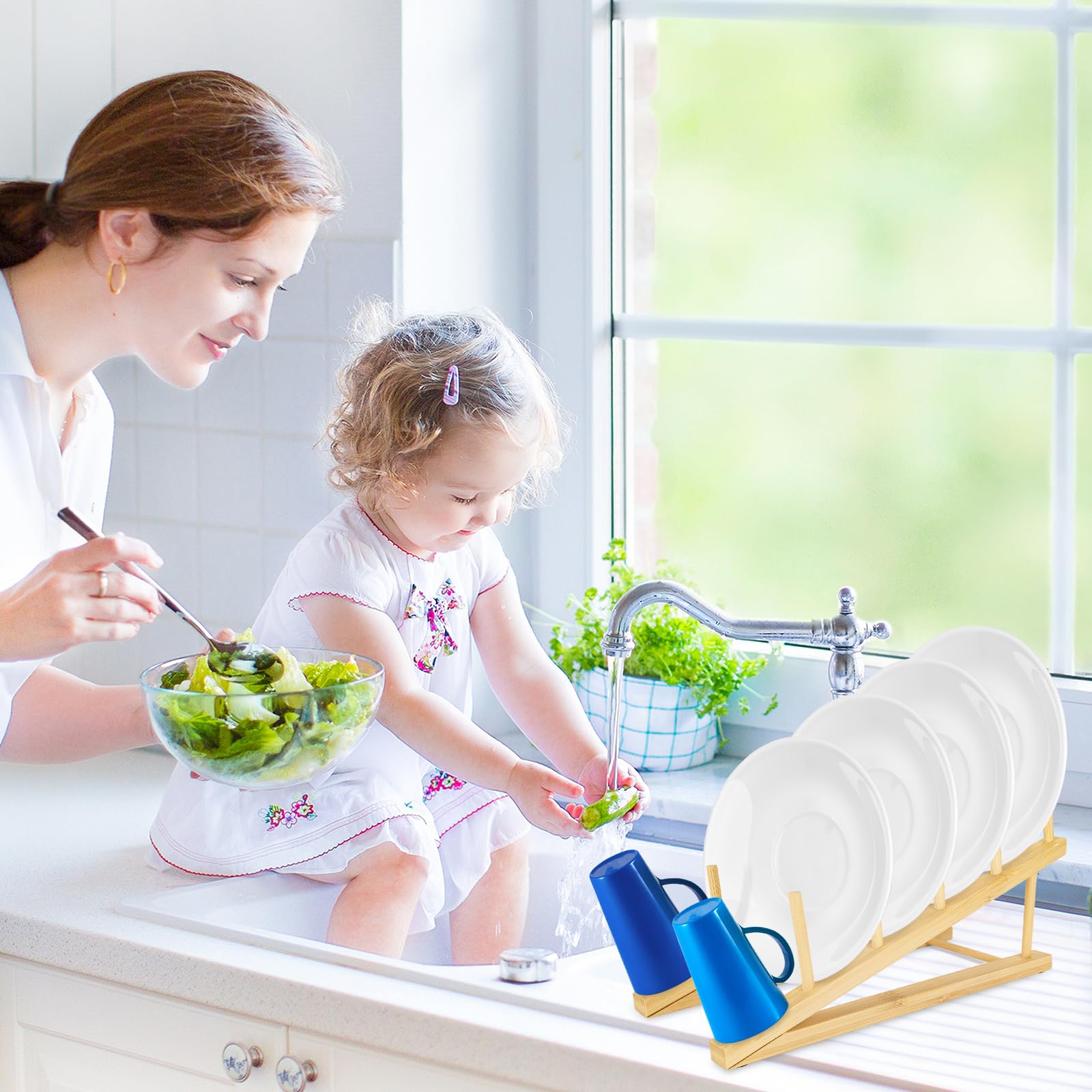 6 PCS Bamboo Dish Drying Rack Wooden Pot Lid Holder, SHAIDOJIO Plate Stand Drainer Kitchen Cabinet Organizer for Dish, Pot Lids, Bowls, Cups, Cutting Boards, Books (5 Slots)