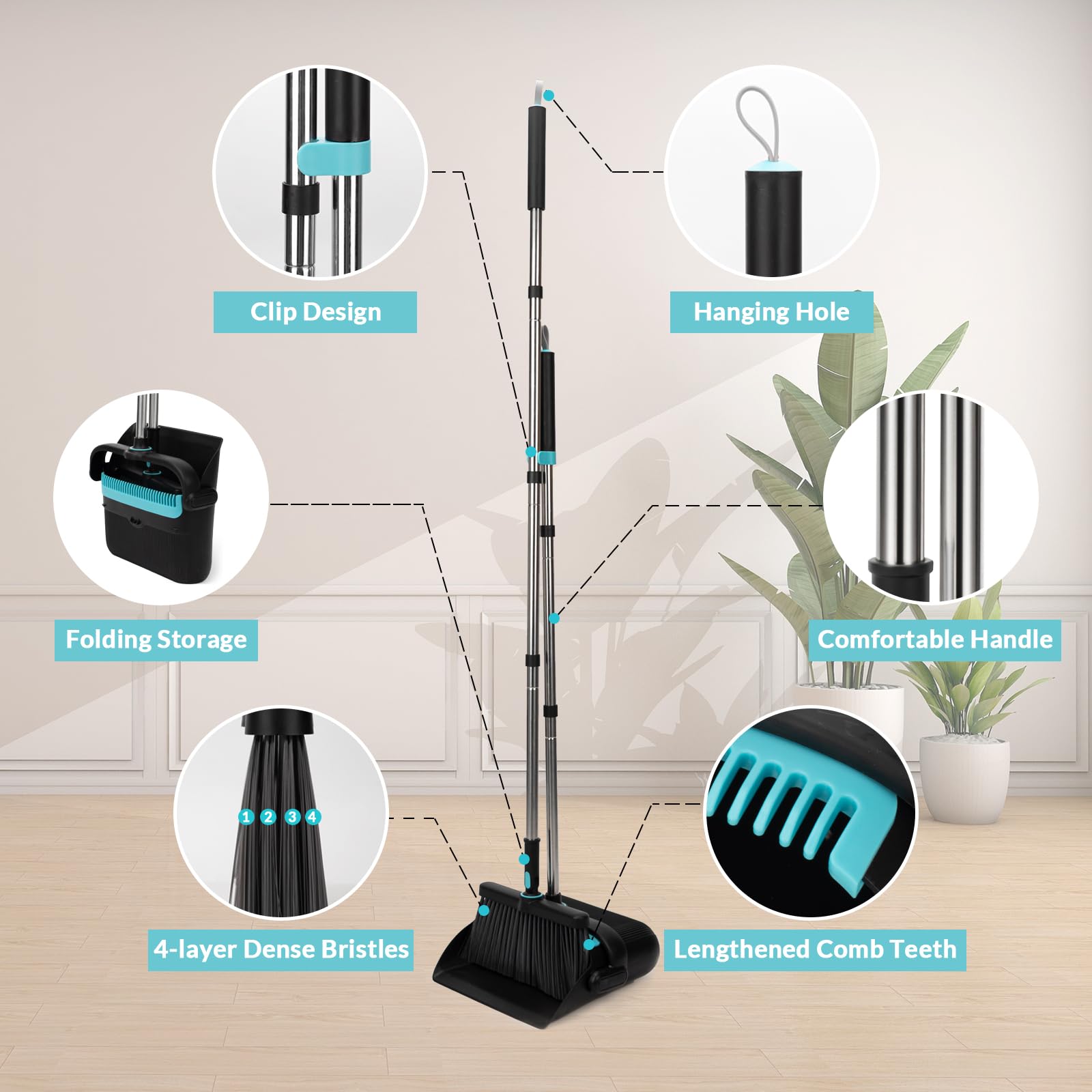 Broom and Dust Pan 61” Long Handle Broom and Dustpan Set with 180° Rotatable Broom Head for Home Office Kitchen Lobby Cleaning Upright Standing Broom and Dustpan