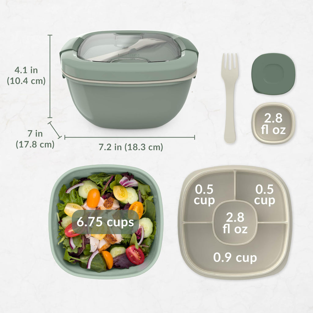 Bentgo Salad - Stackable Lunch Container with Large 54-oz Salad Bowl, 4-Compartment Bento-Style Tray for Toppings, 3-oz Sauce Container for Dressings, Built-in Reusable Fork & BPA-Free (Khaki Green)