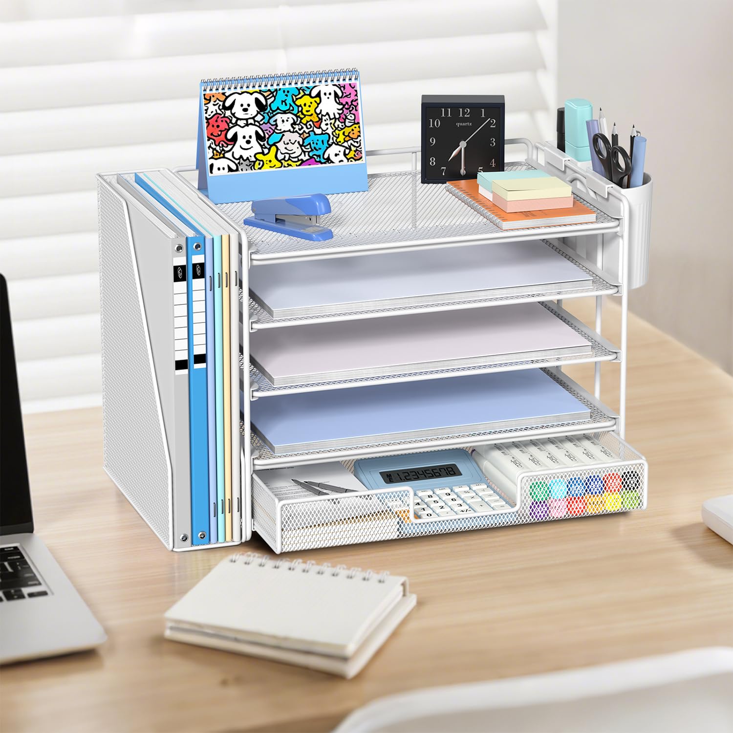 Gugsey Desk Organizer with File Holder, Organisateur et Accessoire de Bureau, 5-Tier Paper Letter Tray with Drawer and Pen Holder, Desktop Office Accessories for School, Home, Office Supplies (White)