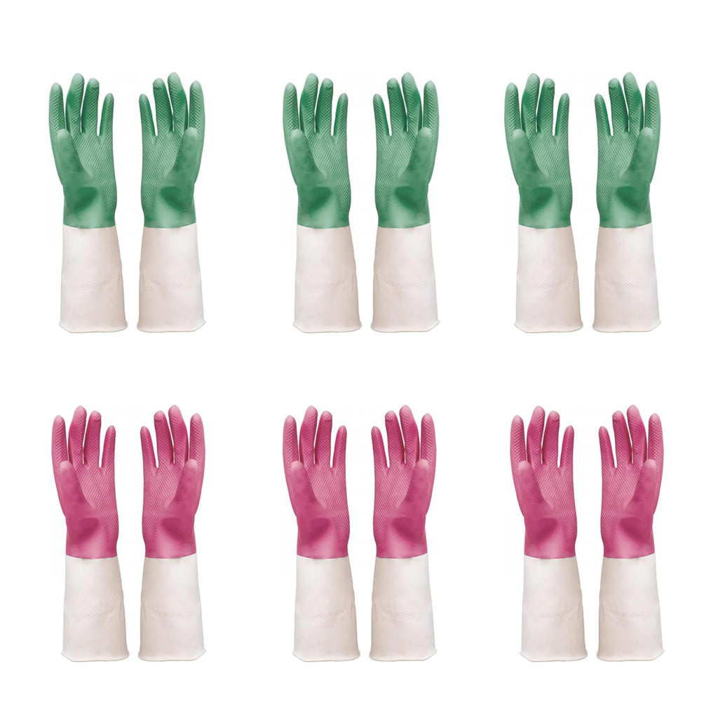 PowerPeak Dishwashing Gloves 6 Pairs Rubber Household Cleaning Reusable Heavy Duty Waterproof Long Cuffs Gloves Medium M Size