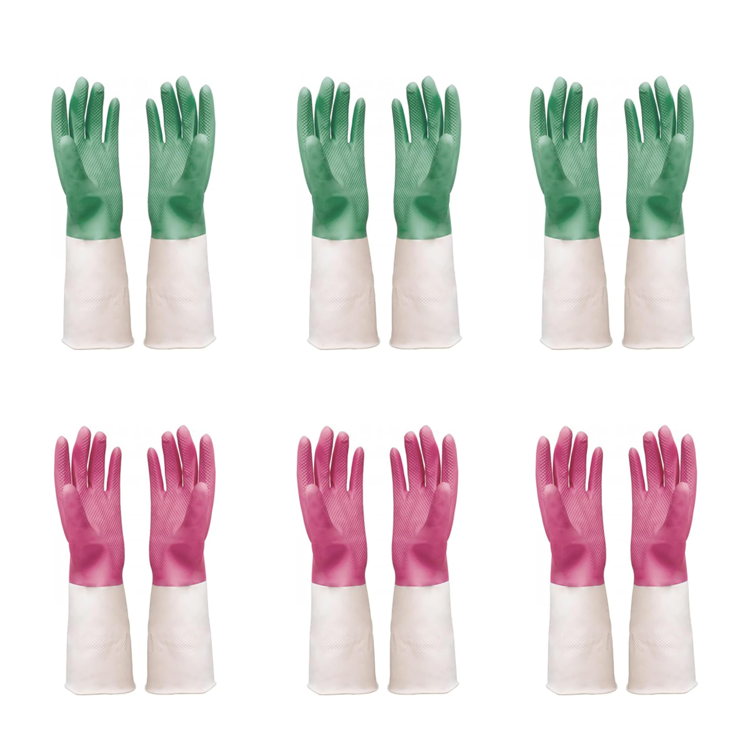 PowerPeak Dishwashing Gloves 6 Pairs Rubber Household Cleaning Reusable Heavy Duty Waterproof Long Cuffs Gloves Medium M Size
