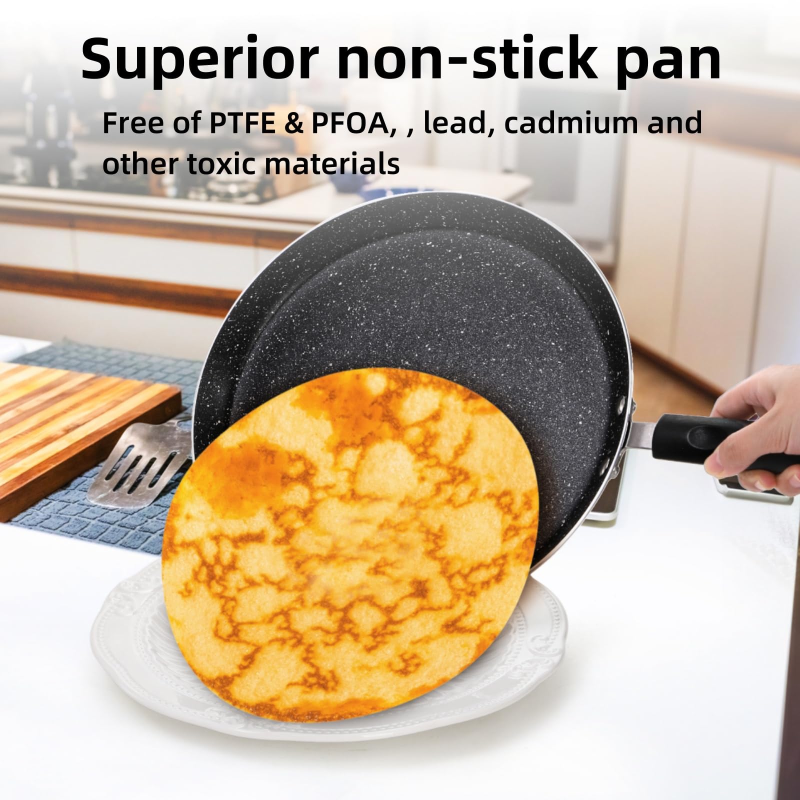 WRINGKIT 10 Inch Nonstick Crepe Pan with Spreader, Flat Skillet Tortilla Pan with Granite Coating, Round Griddle Pancake Pan with Stay-Cool Handle, Induction Compatible, PFOA Free