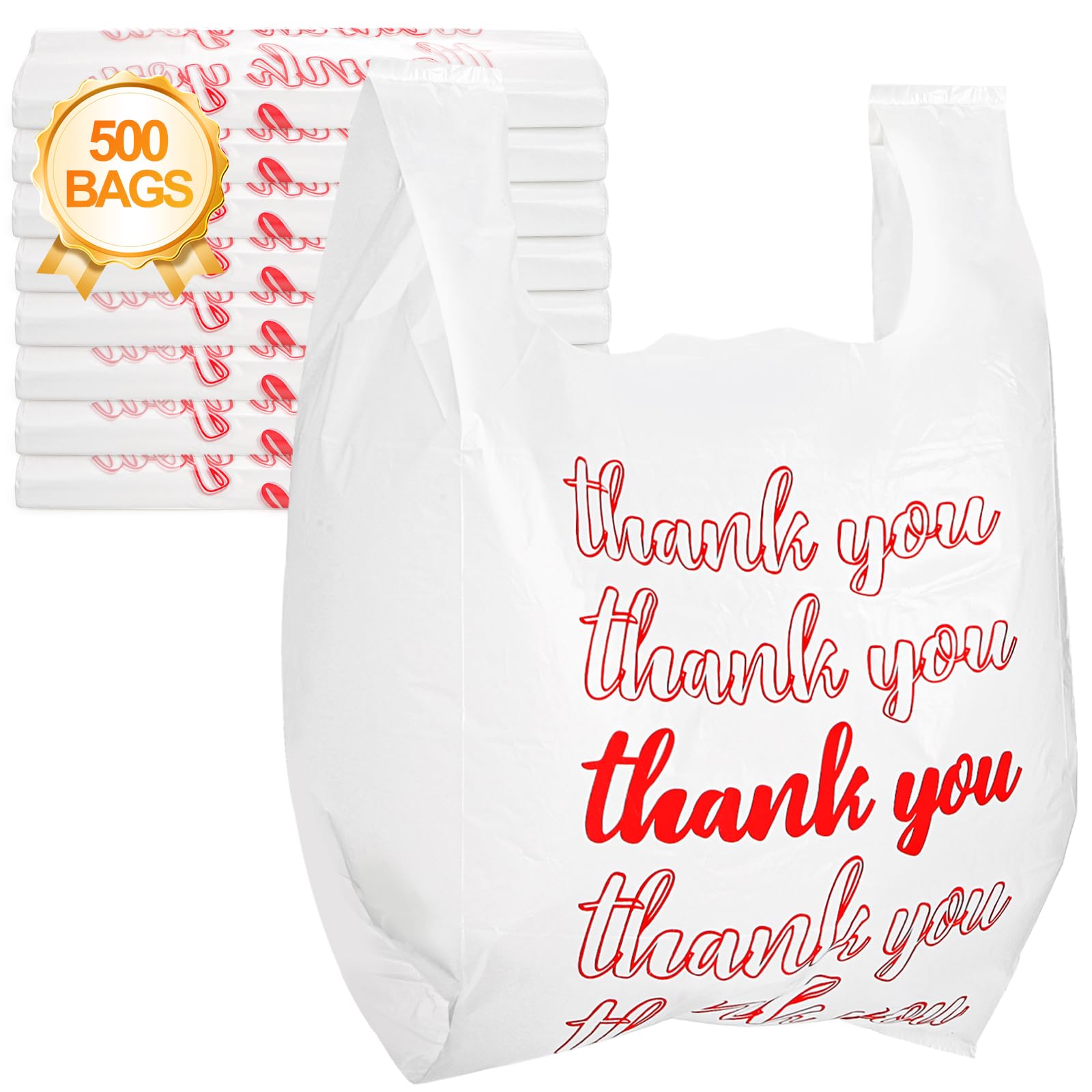 Lawei 500 Count Thank You Bags Reusable Grocery Bag - 13 x 7 x 21 Inch Plastic T-Shirt Bags for Shopping, Restaurants, Catering (15mic, 0.6 Mil), Bulk Carryout Shopping Bags