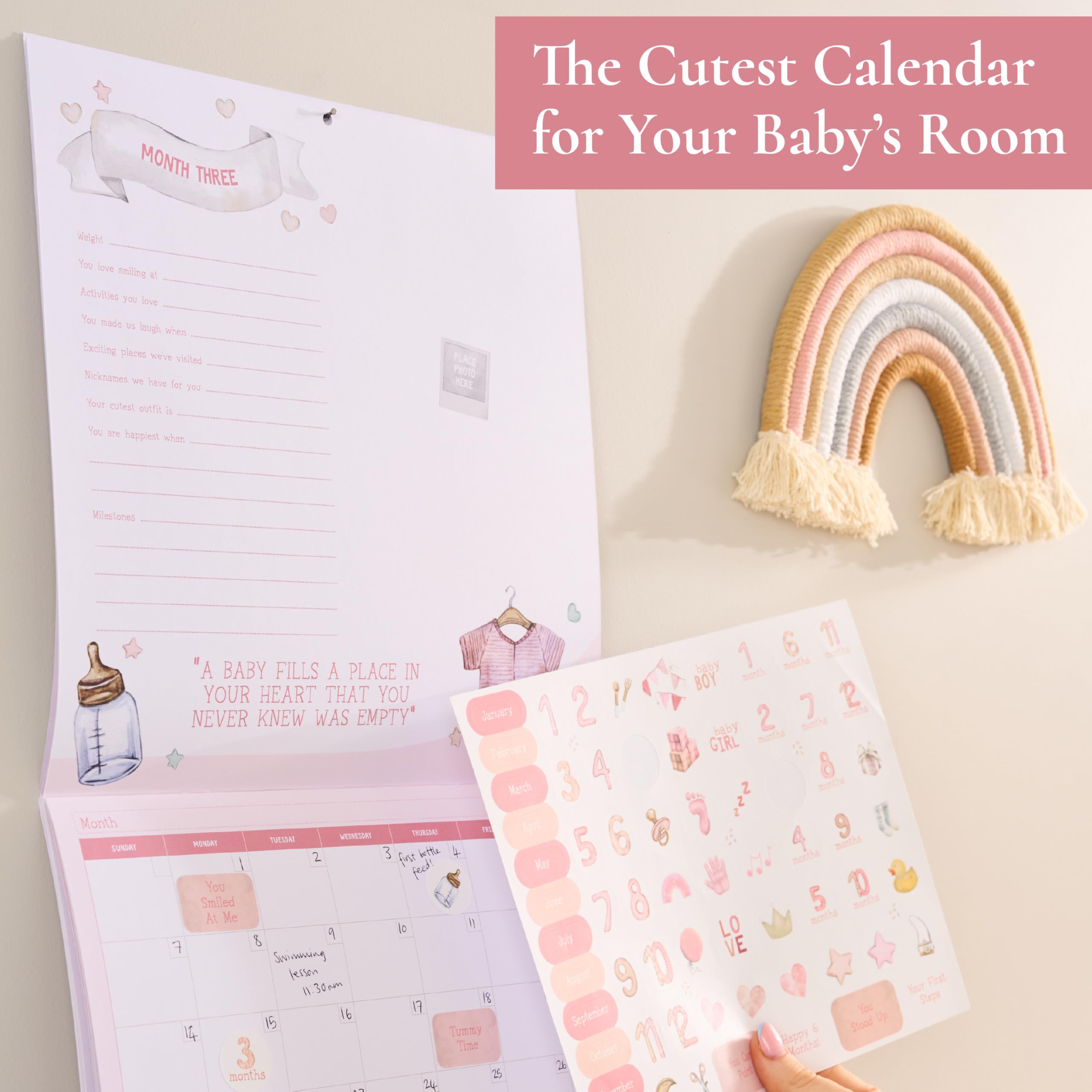 Baby's First Year Calendar with 100 Stickers - Pink Watercolor Design 1st Years Wall Calendar With Stickers, Baby Tracker, Baby Scrapbook for New Mom and Newborn Baby Girls