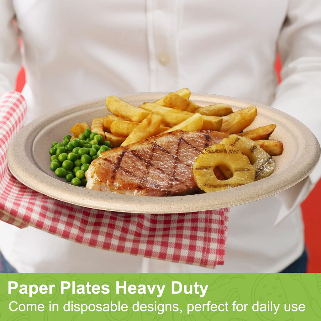 Paper Plates 10 inch, 100 Pack Paper Plates Bulk, 100% Compostable Plates Eco Friendly Disposable Plates, Large Paper Plates Heavy Duty, Brown Paper Plates
