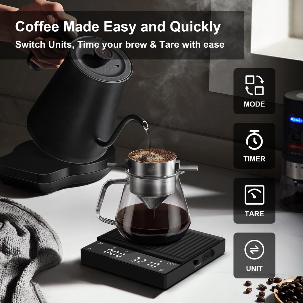 Diyife Mini Coffee Scale with Timer, [0.1g-2kg] Rechargeable Espresso Scale with 6 Units, High Temperature Resistant Glass Panel, Portable Kitchen Scale for Espresso and Pour-Over Coffee, Auto Timing