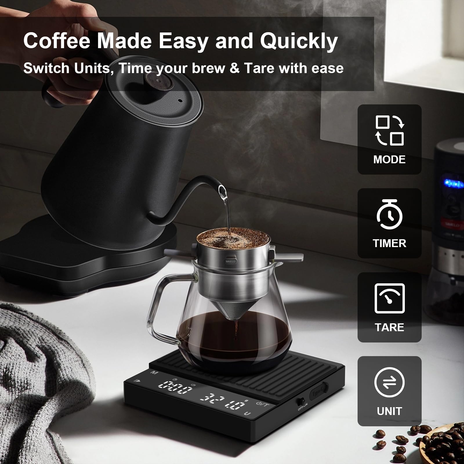 Diyife Mini Coffee Scale with Timer, [0.1g-2kg] Rechargeable Espresso Scale with 6 Units, High Temperature Resistant Glass Panel, Portable Kitchen Scale for Espresso and Pour-Over Coffee, Auto Timing