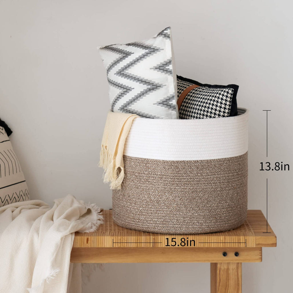 INDRESSME Large Cotton Rope Storage Basket - Woven Blanket Basket in Living Room Pillows Storage Bins with Handles for Toys Plant Basket Home Decor Warm Mix Brown White, 15.8"x15.8"x13.8"