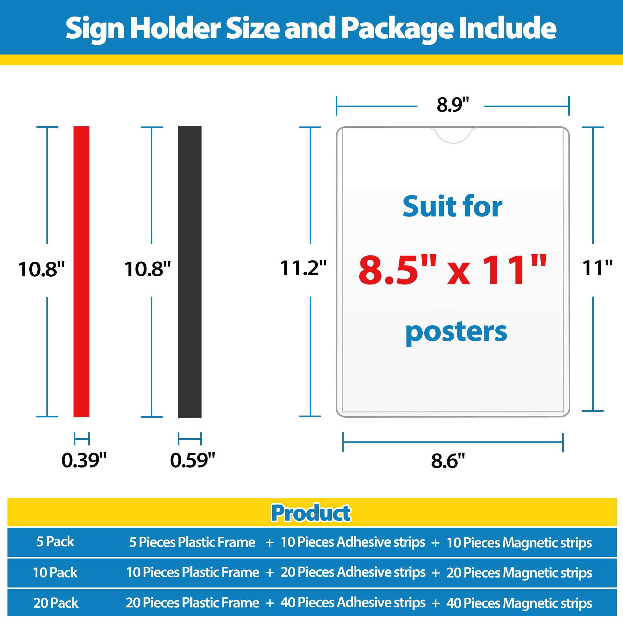 VAIIGO Magnetic Sign Holder 8.5 x 11 Wall Sign Holder 5Pack, Rigid Plastic Door Sign Holder Magnetic Frame with Magnetic Tapes and Adhesive Tapes, Adhesive Display Frame for Fridge Window Wall Display