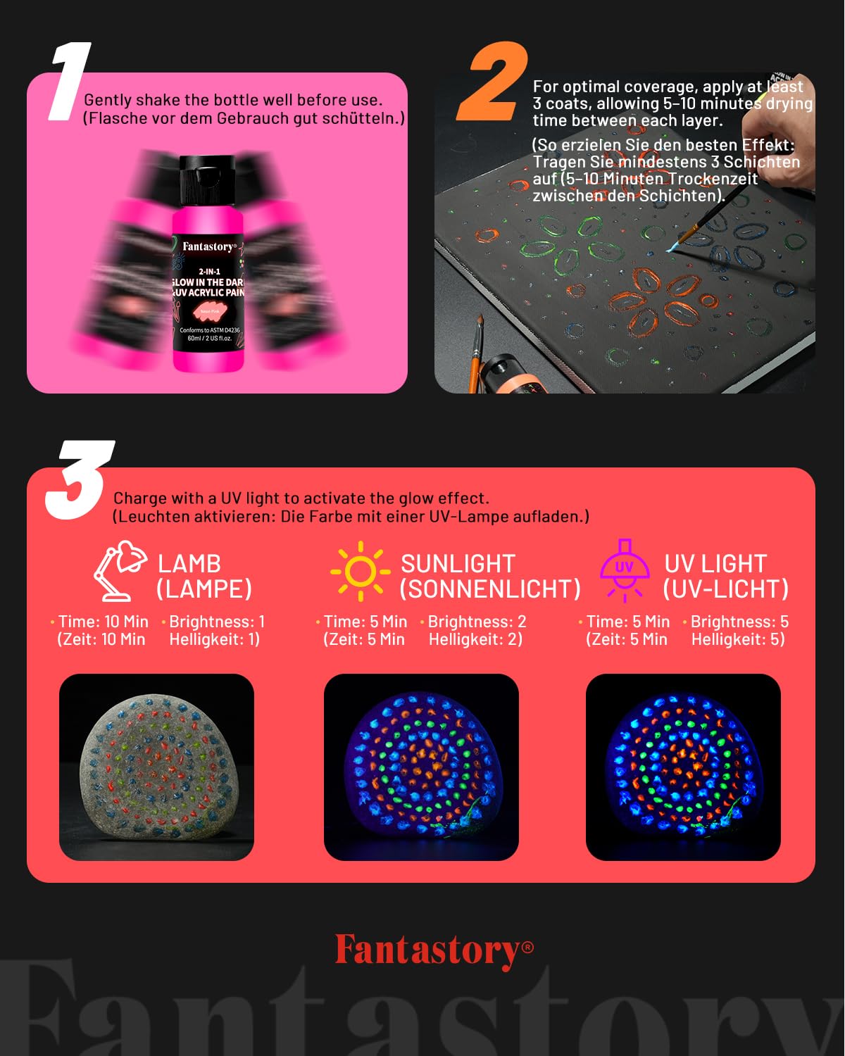 Fantastory Easter Glow in the Dark Paint,60ml/2oz,Neon Colors Glow Acrylic Paints,Waterproof Blacklight Paint for Outdoor Rock,Wood,Craft,Canva,Pumpkin,Holiday Decor [FluorescentSeries]